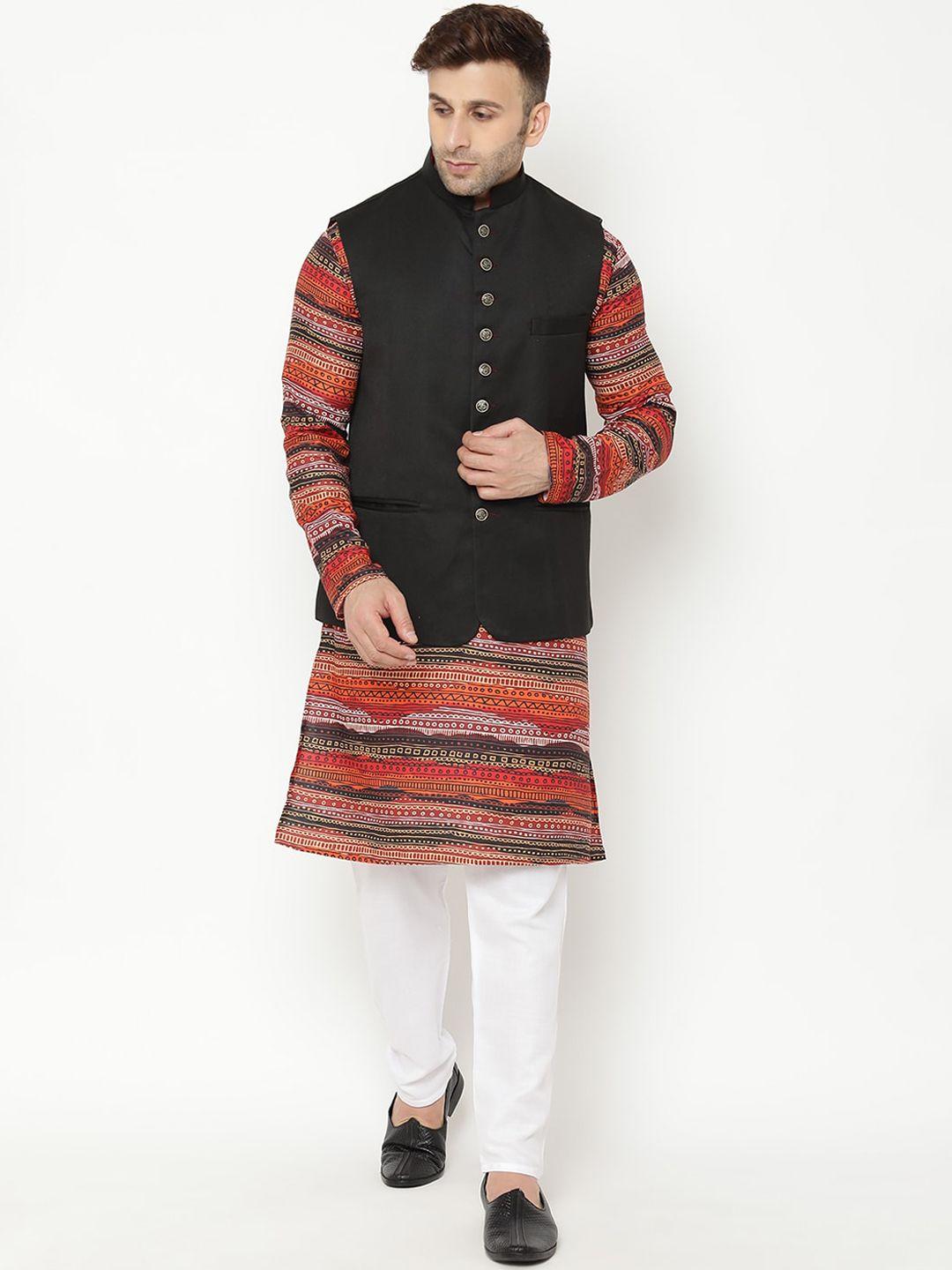hangup men brown printed kurta with churidar & nehru jacket