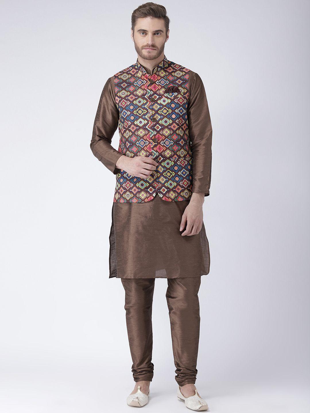 hangup men brown solid kurta with pyjamas