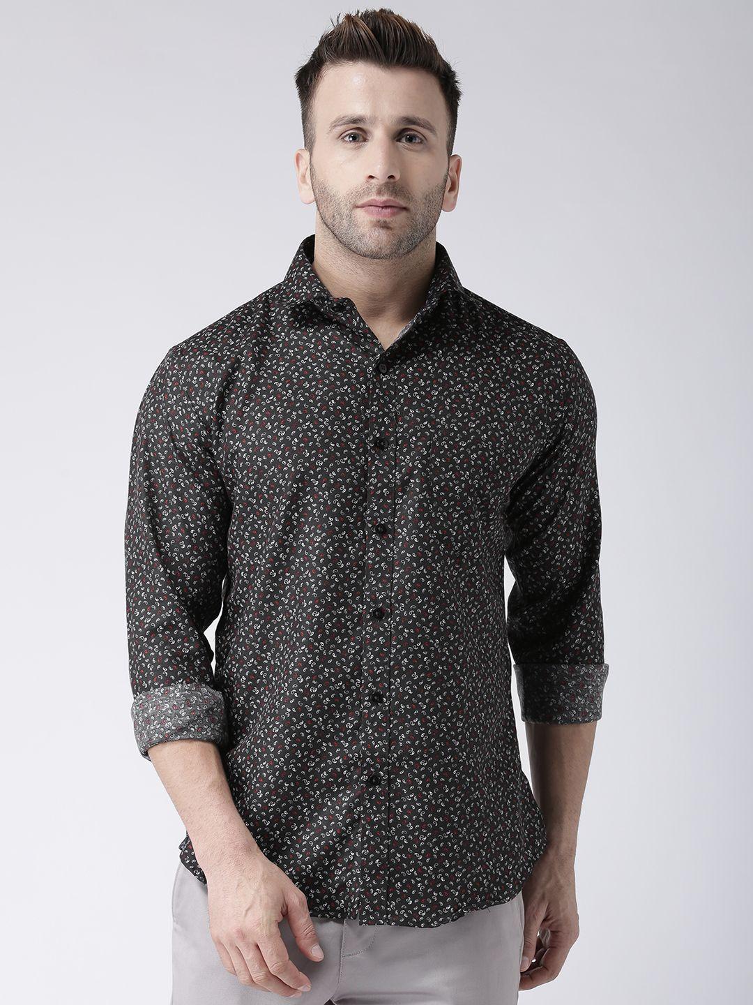 hangup men charcoal & off-white slim fit printed casual shirt