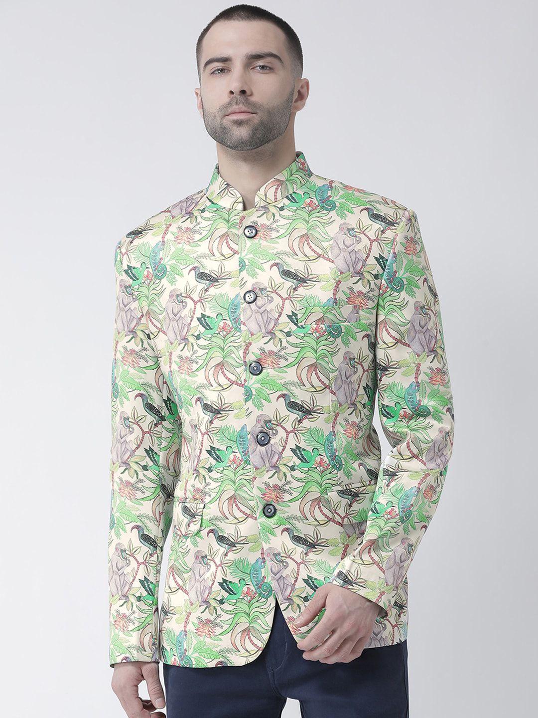 hangup men cream colored & green printed single-breasted casual blazers
