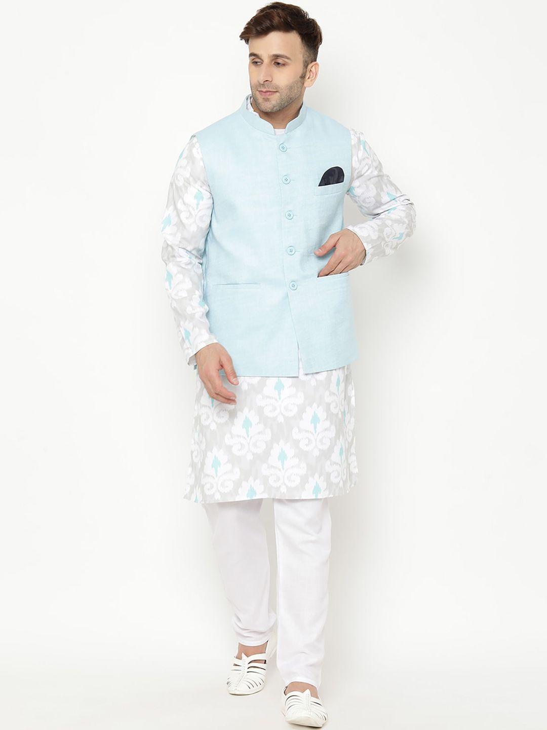 hangup men cream-coloured ethnic motifs printed kurta with pyjamas & nehru jacket