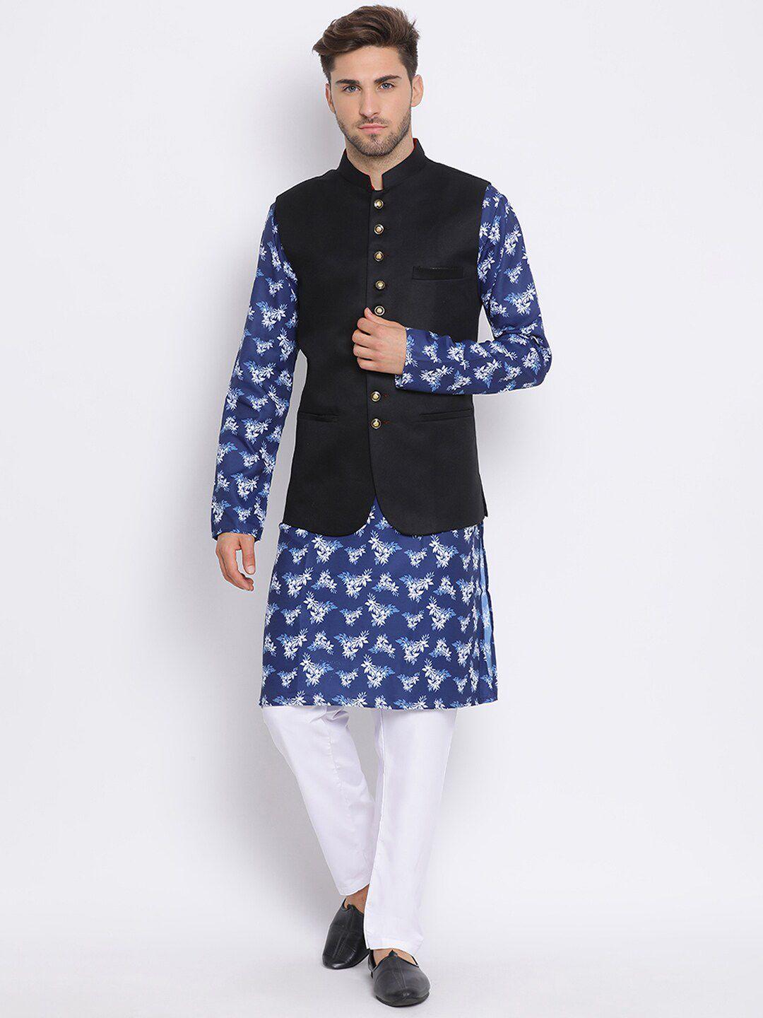 hangup men floral printed kurta with pyjamas & with nehru jacket