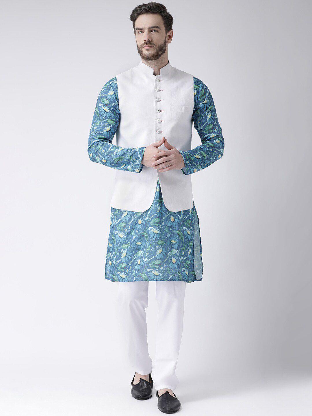 hangup men floral printed pure cotton kurta with pyjamas & nehru jacket