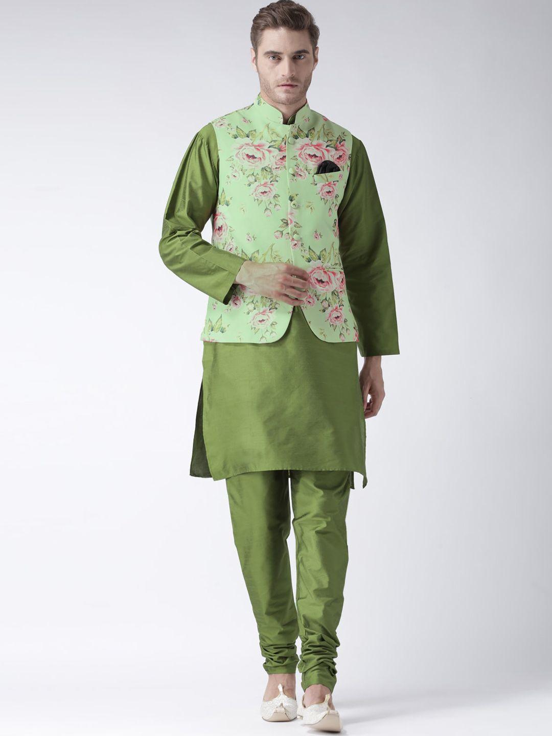 hangup men floral raw silk kurta with pyjamas & nehru jacket