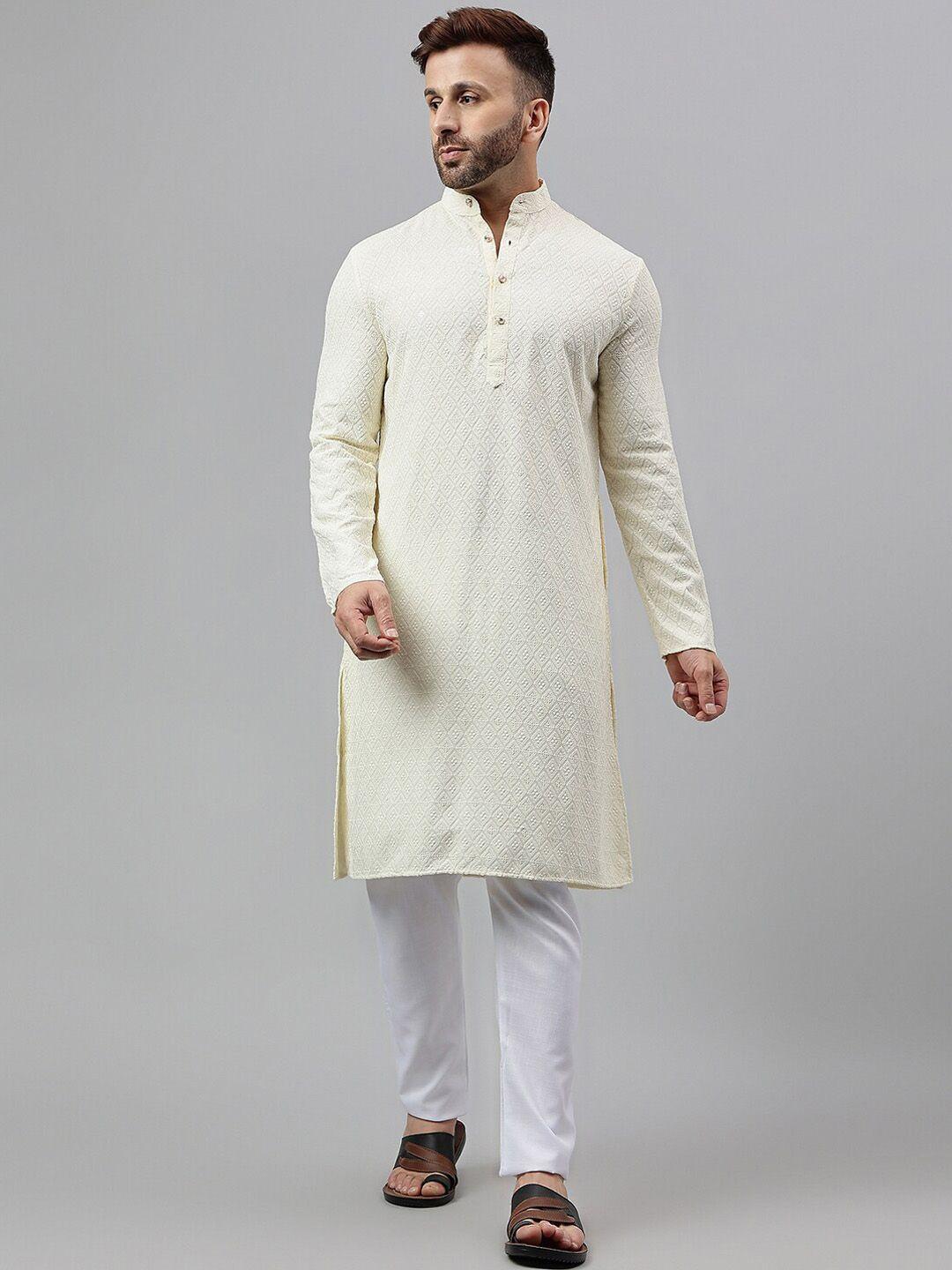 hangup men geometric embroidered straight kurta with pyjama