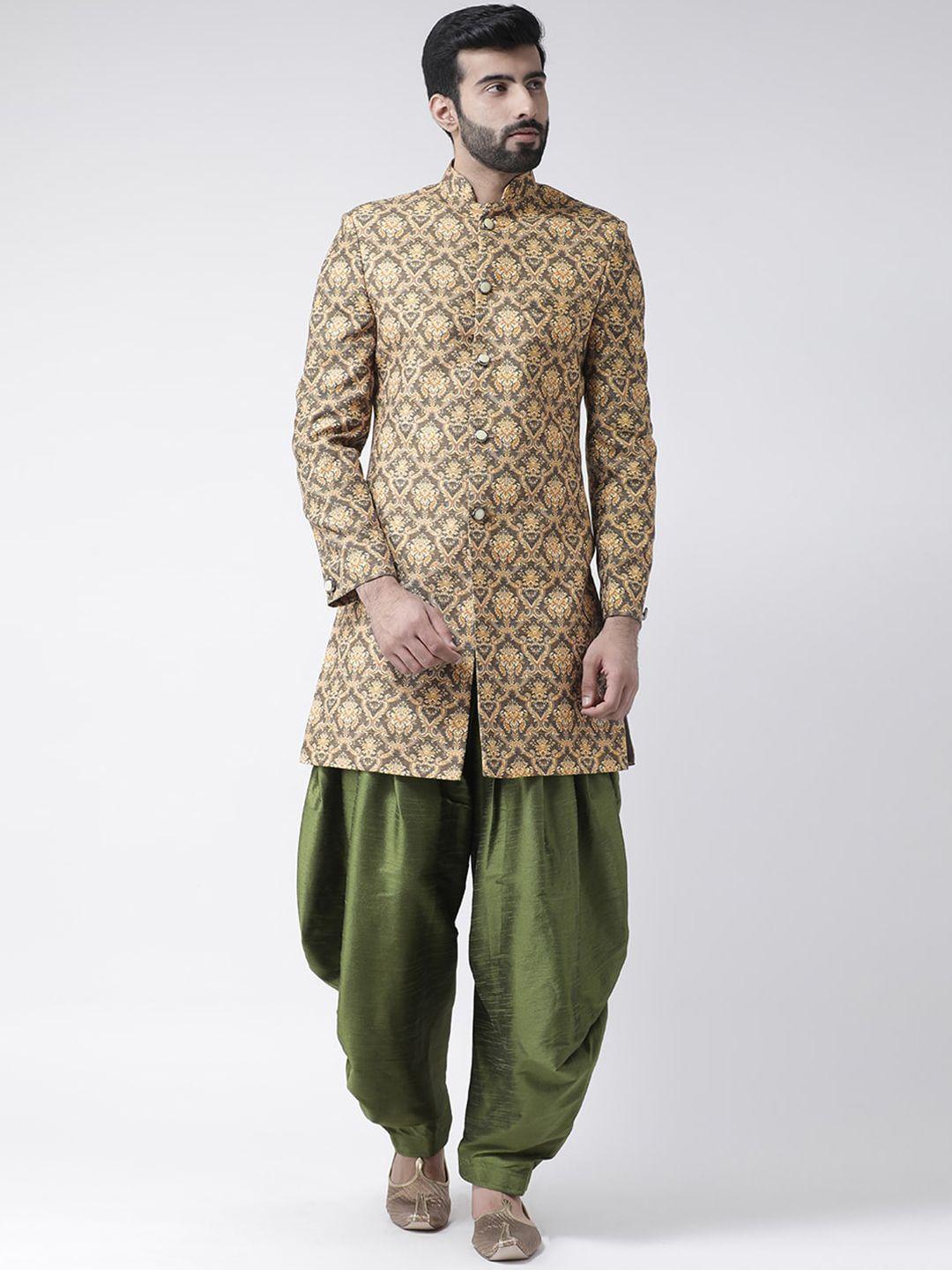 hangup men golden & green printed above knee length sherwani with dhoti pant set