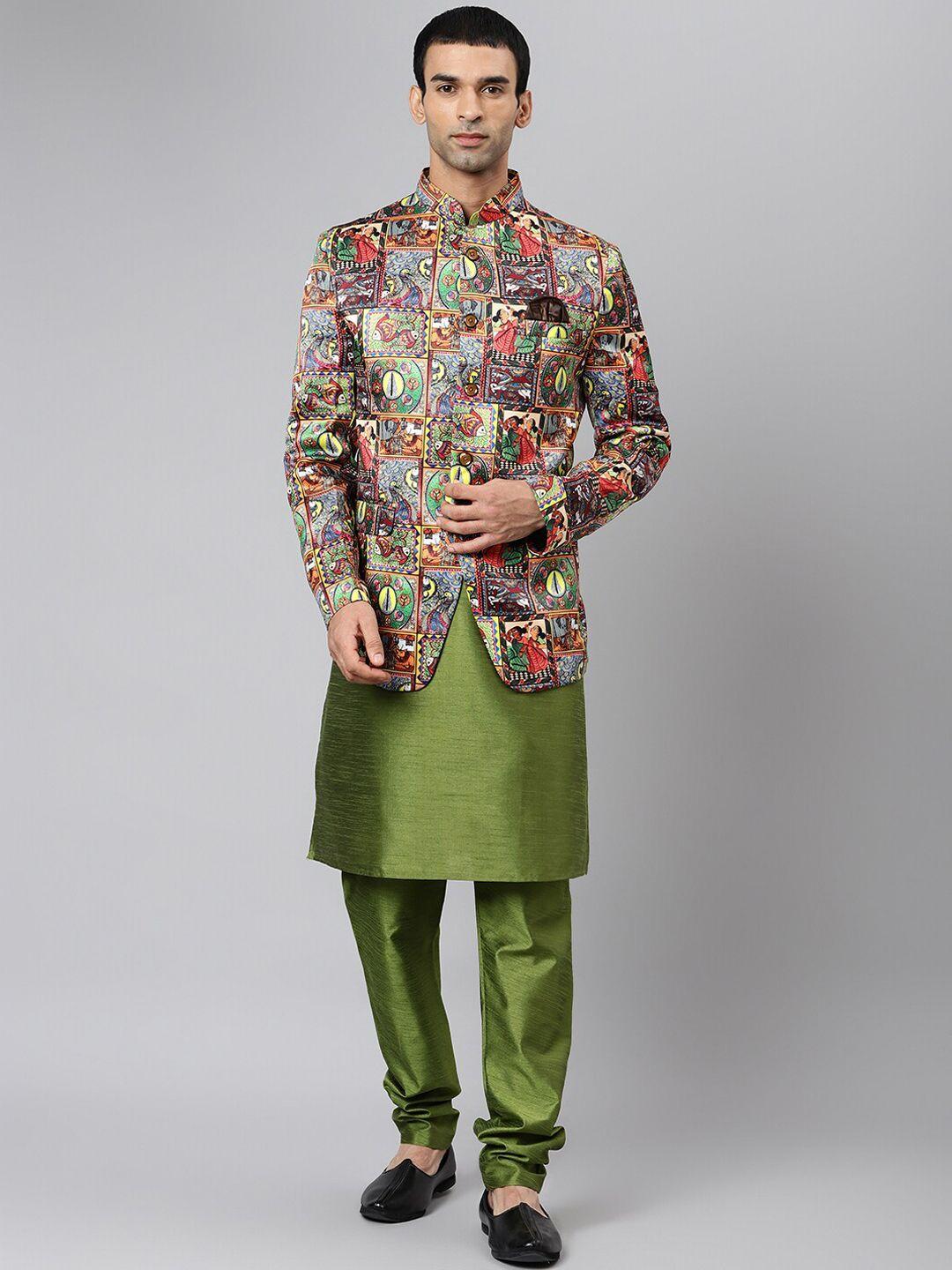 hangup men green angrakha dupion silk kurta with churidar & blazer