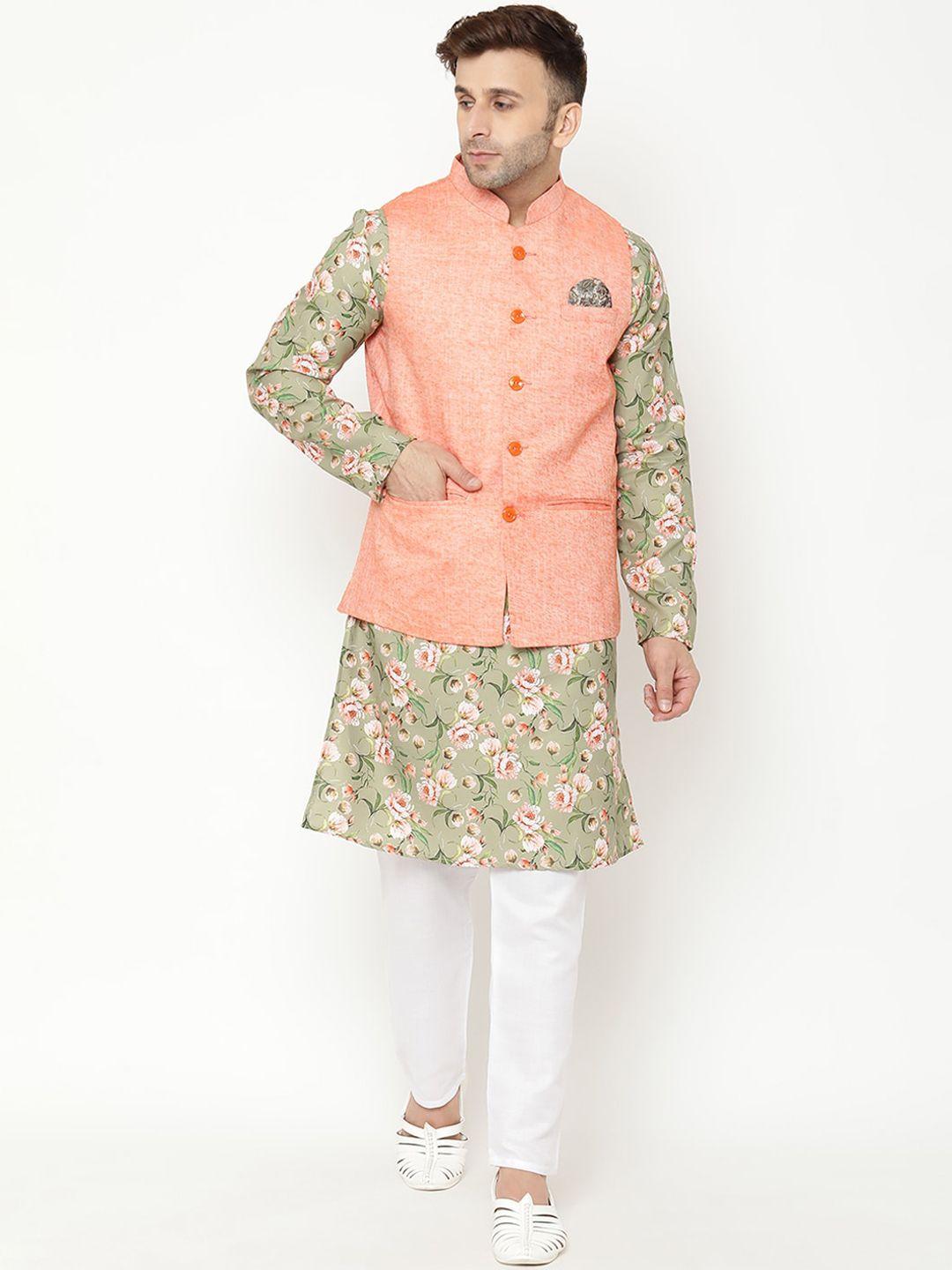 hangup men green floral printed kurta with churidar & nehru jacket