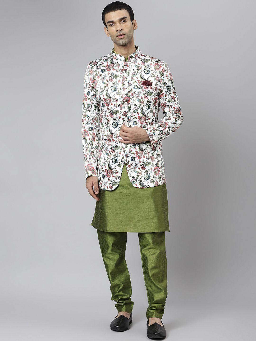 hangup men green floral regular dupion silk kurta with churidar & blazer