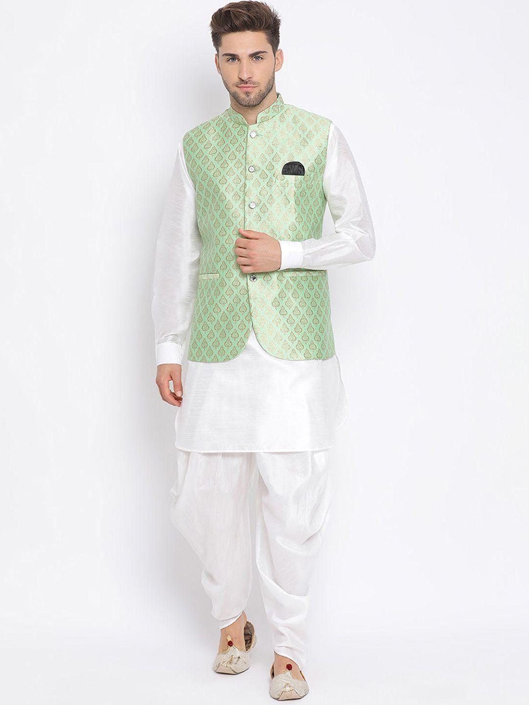 hangup men green kurta with dhoti pants  & woven design nehru jacket