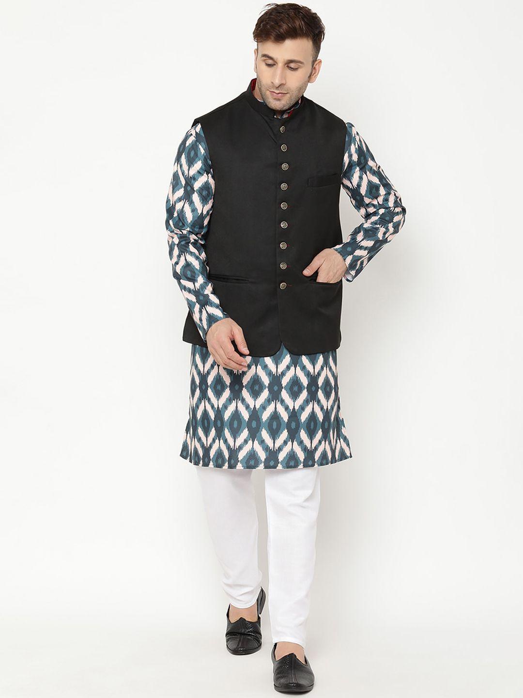 hangup men green printed kurta with churidar & nehru jacket