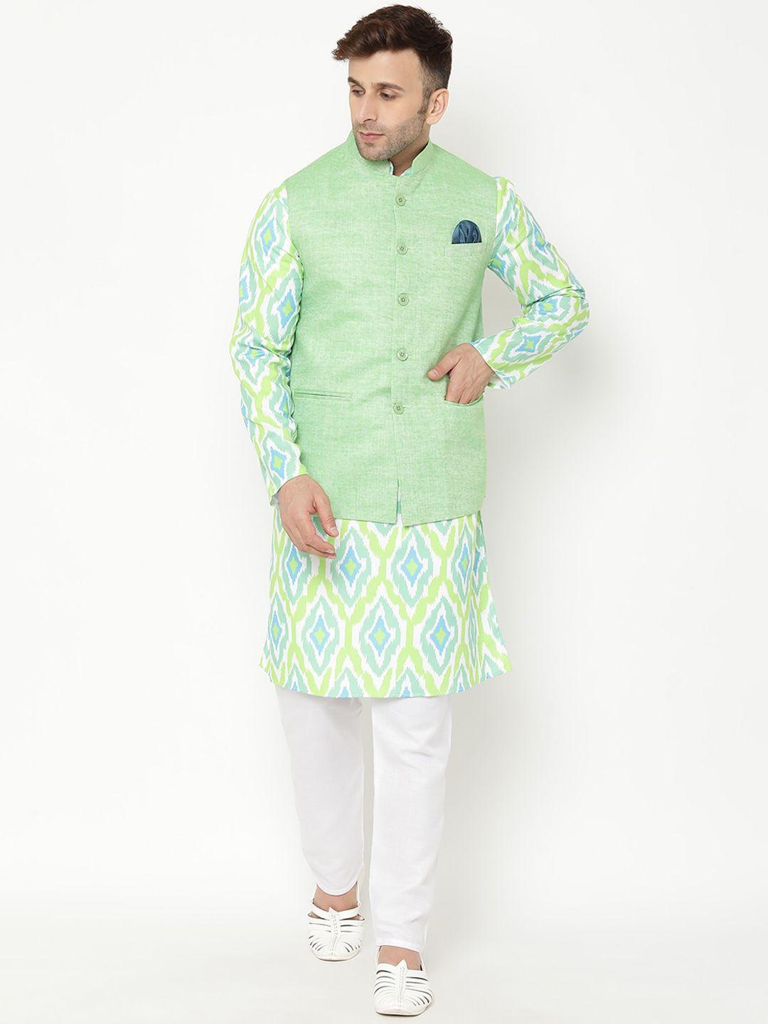 hangup men green printed kurta with pyjamas & nehru jacket