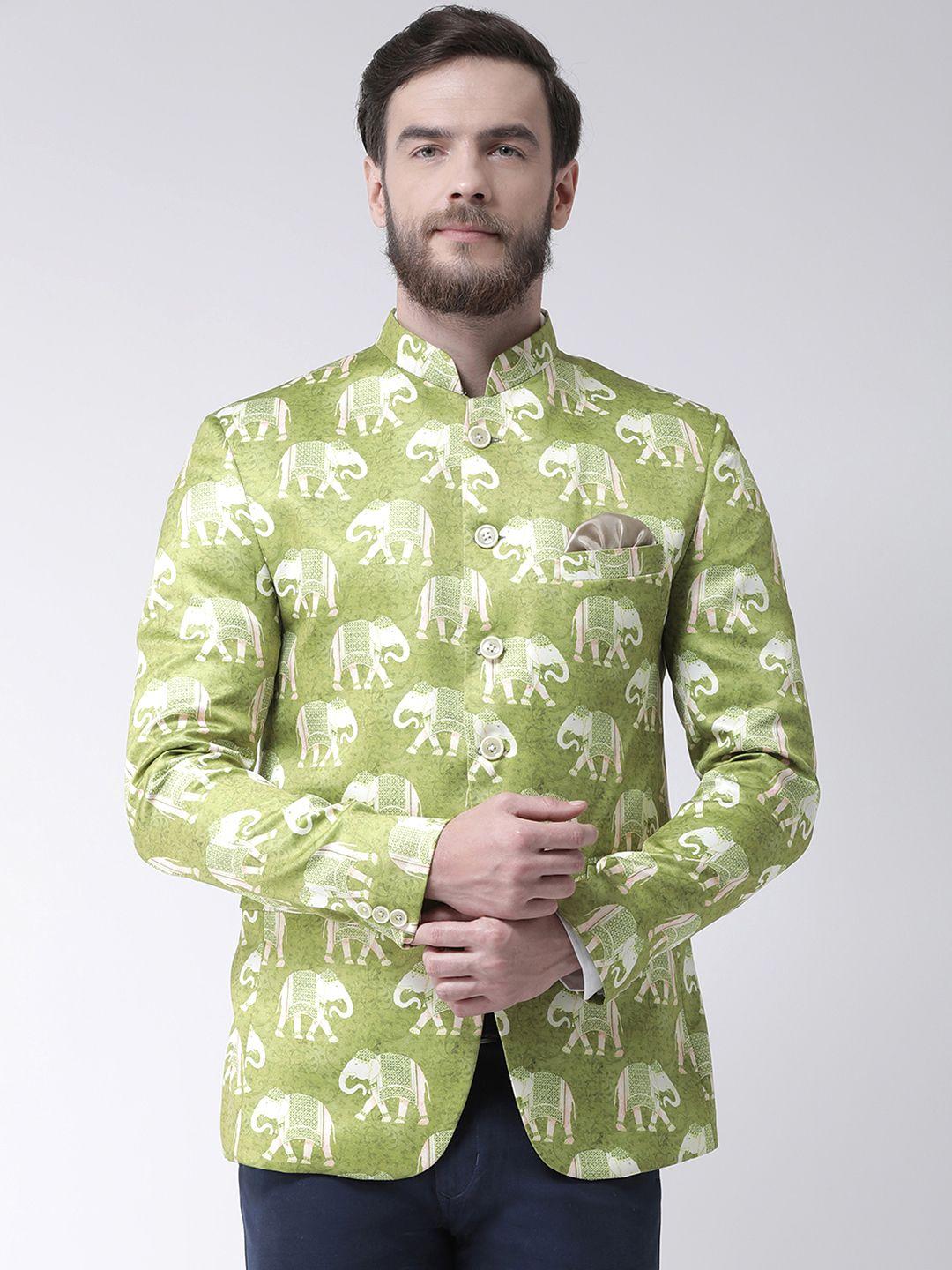 hangup men green printed regular fit single-breasted blazer