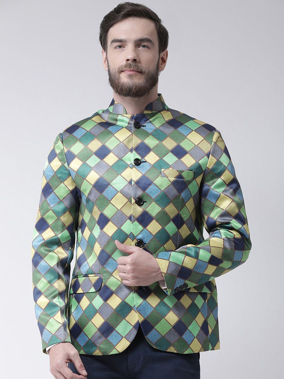 hangup men green printed single-breasted blazer