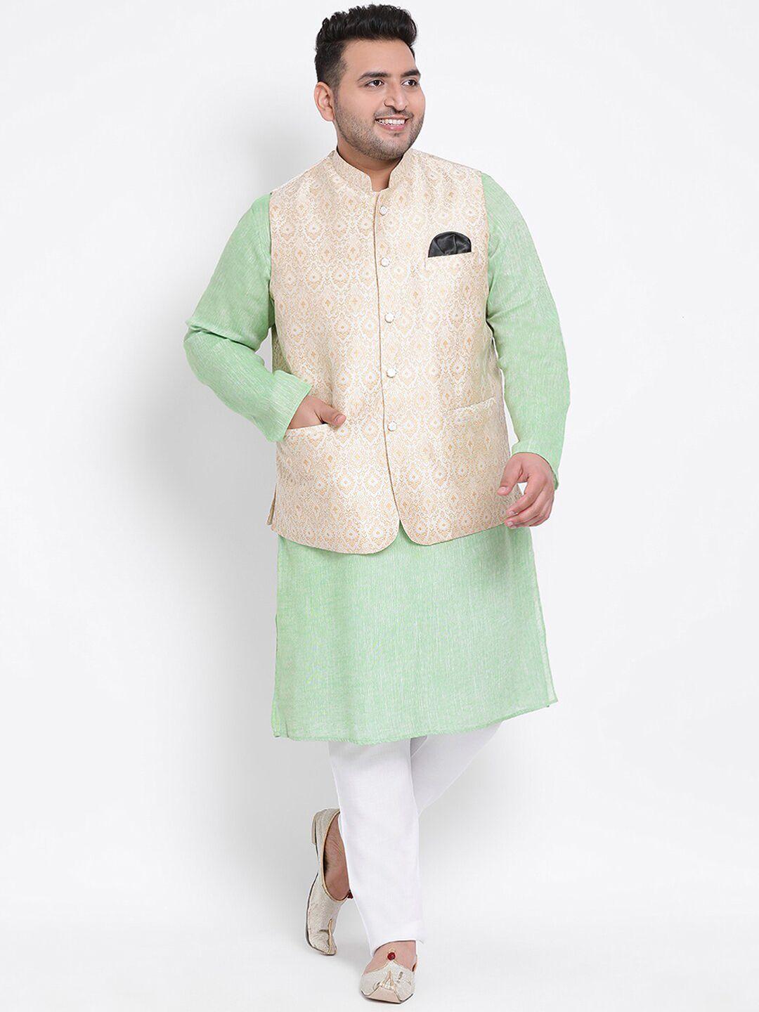 hangup men green raw silk kurta with pyjamas & nehru jacket set