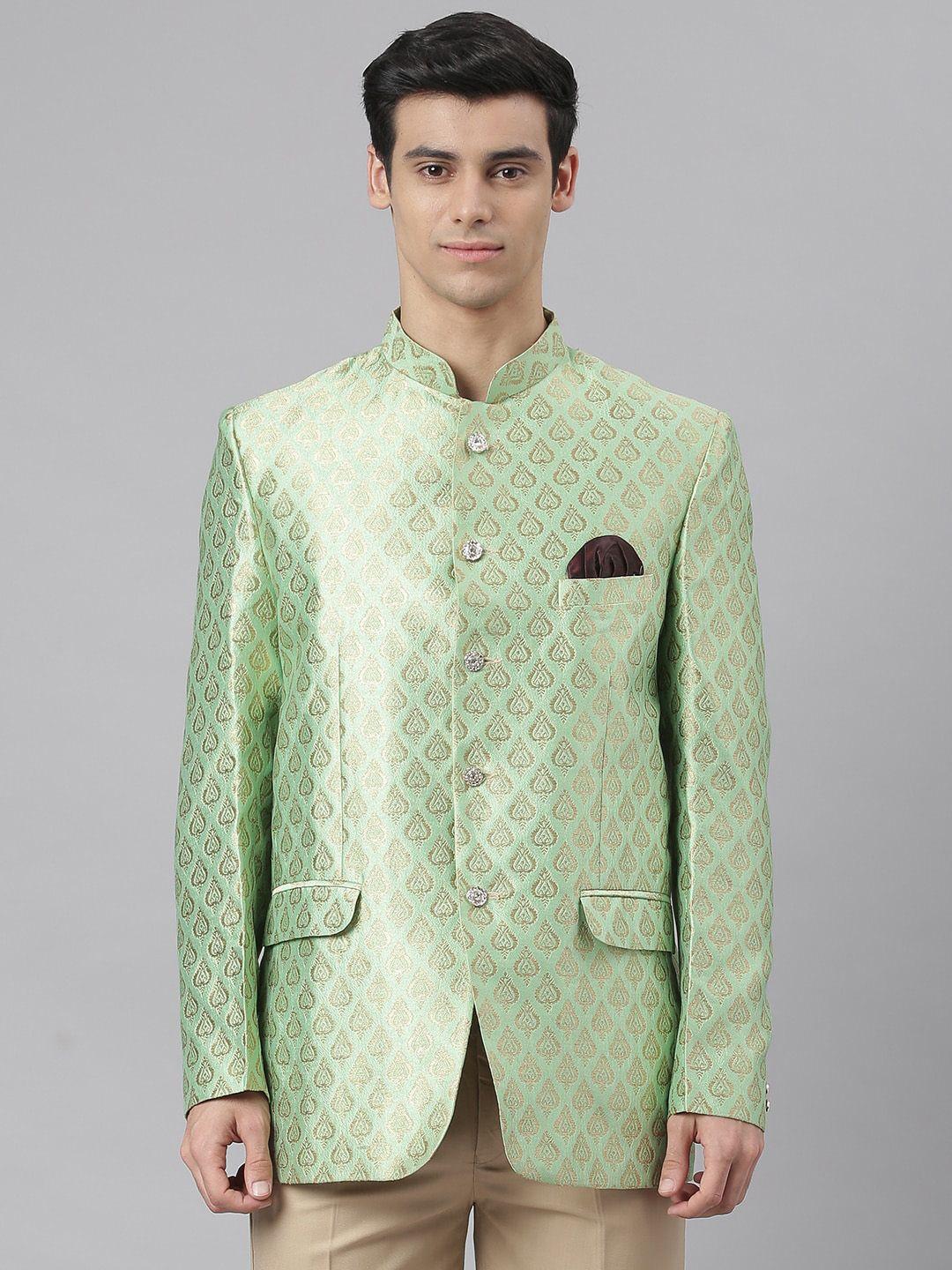 hangup men green self design bandhgala blazer