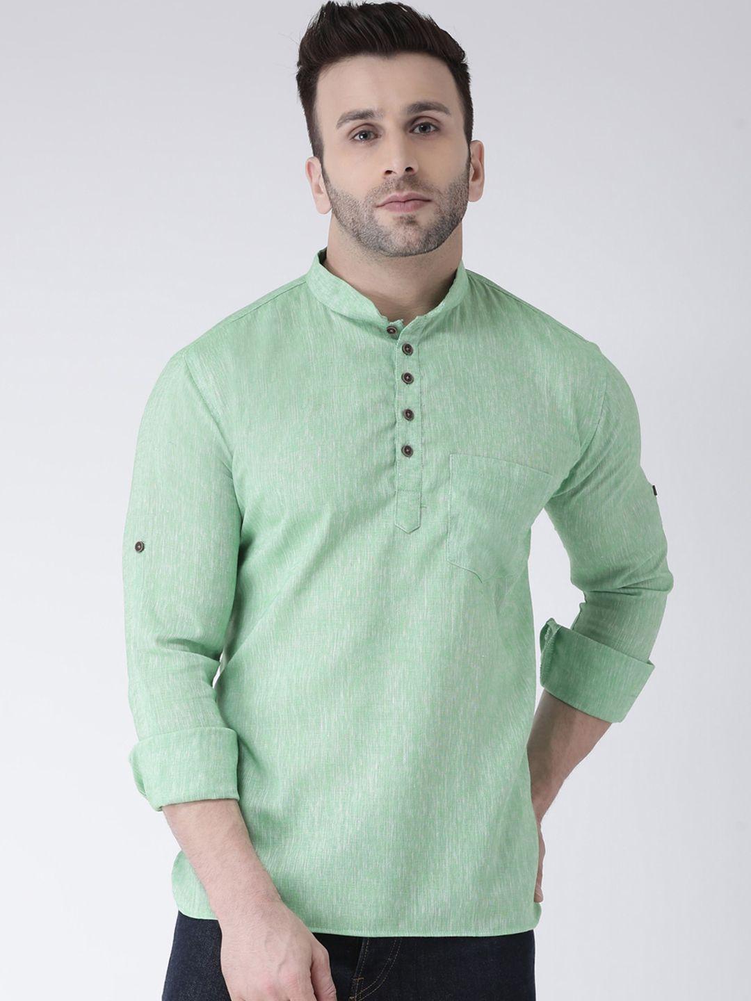 hangup men green solid mandarin collar kurta