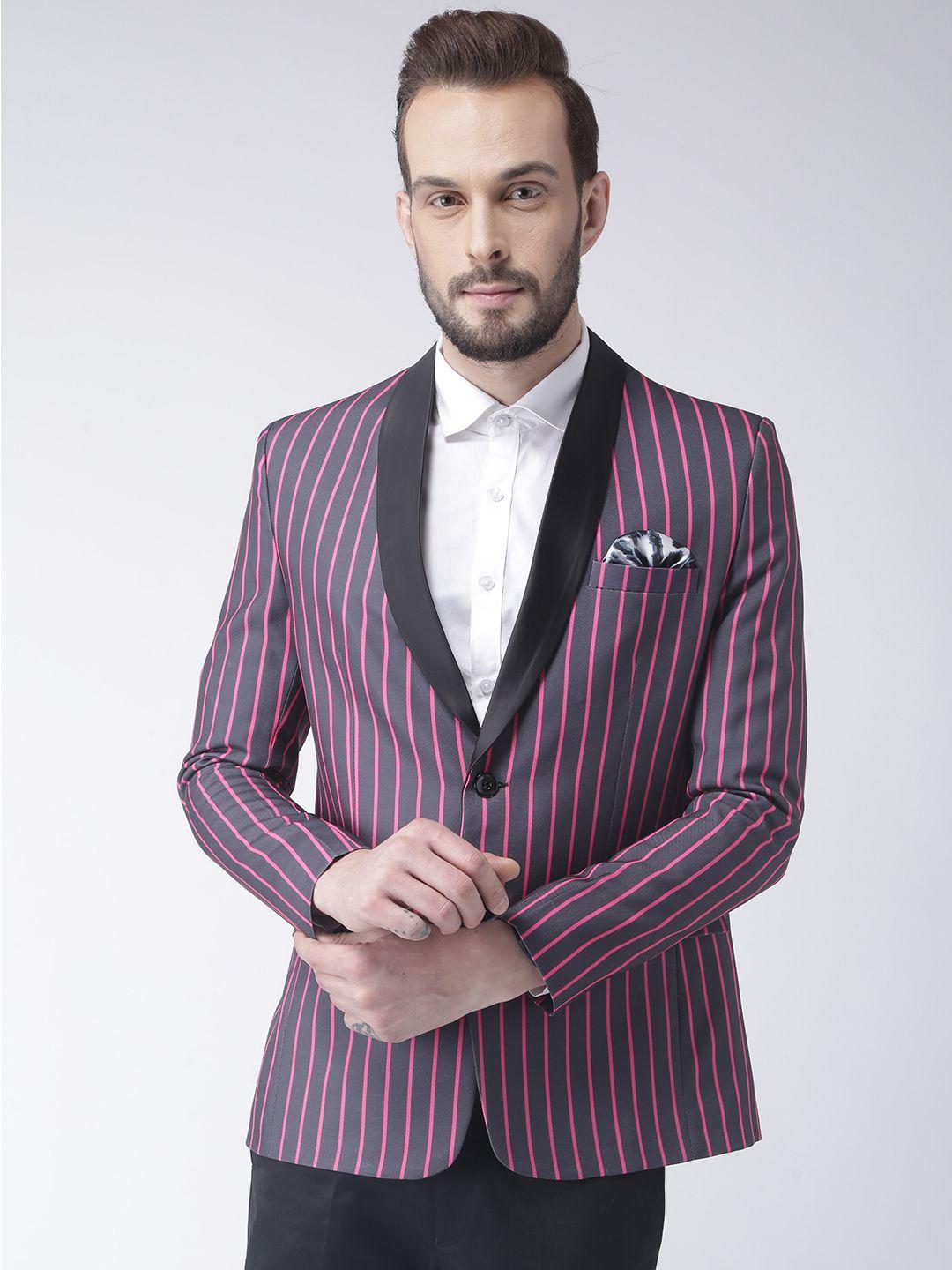 hangup men grey & pink striped slim fit blazer