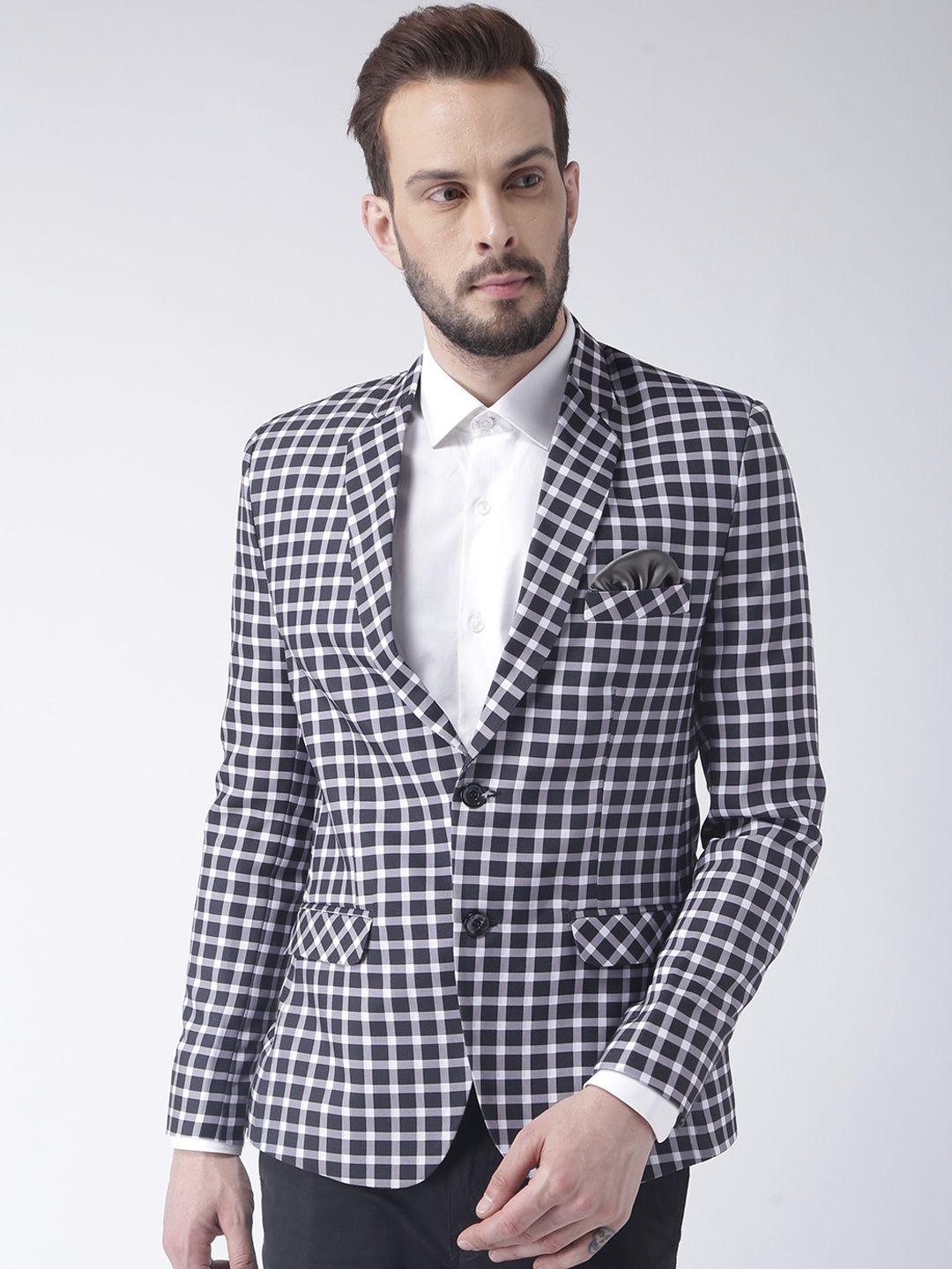 hangup men grey & white checkered slim fit blazer