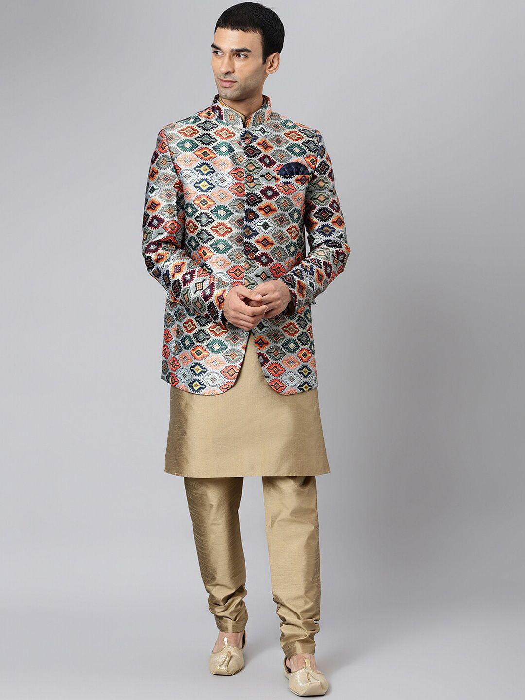 hangup men khaki & grey ethnic printed kurta with churidar & blazer