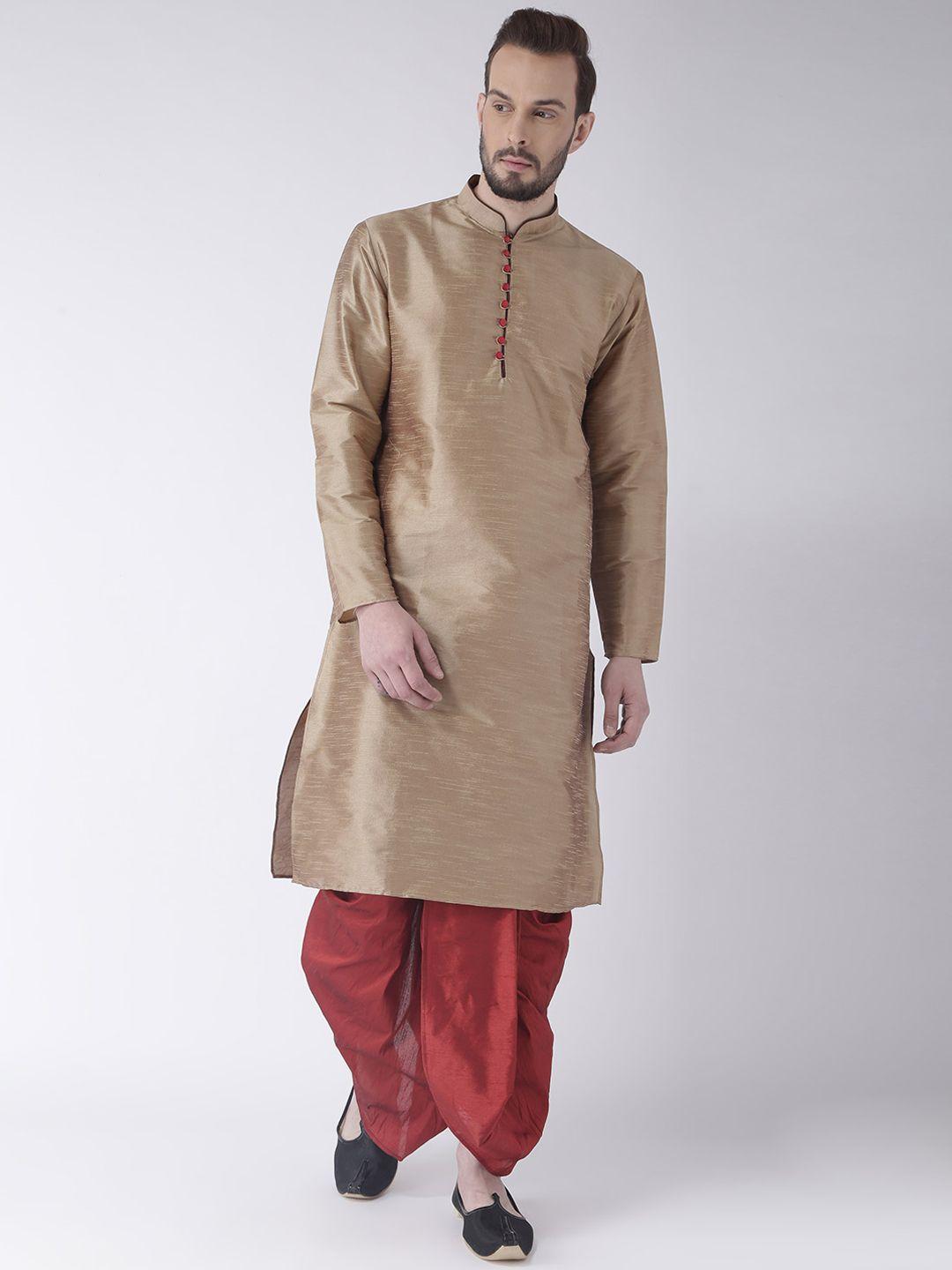 hangup men khaki & maroon solid kurta with dhoti pants