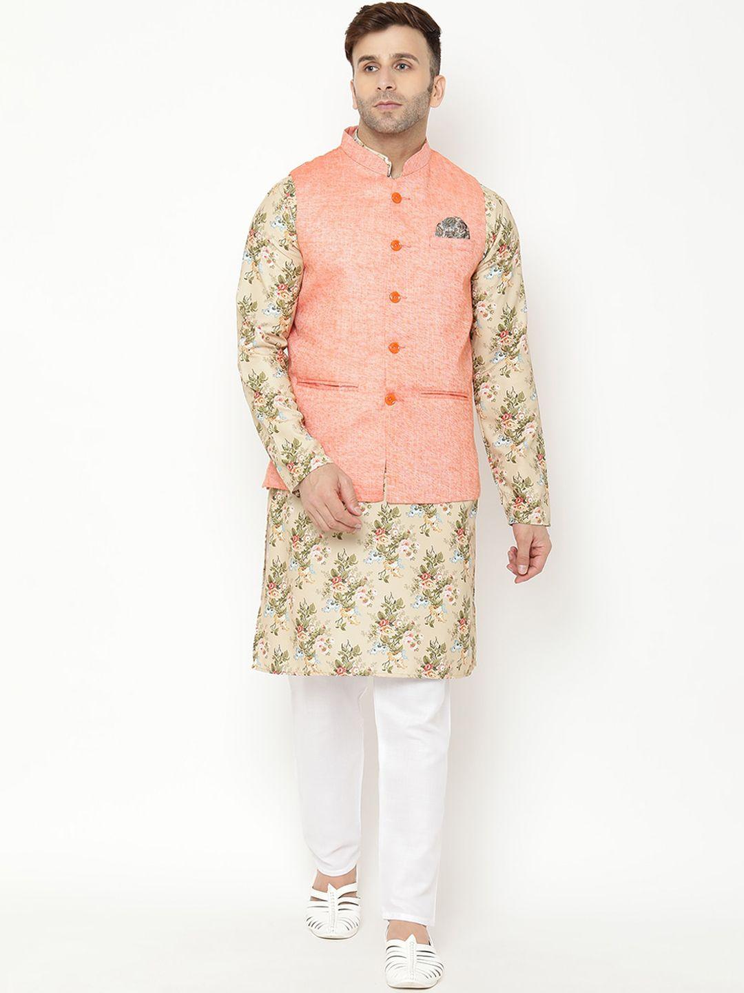 hangup men khaki floral printed kurta with pyjamas & nehru jacket