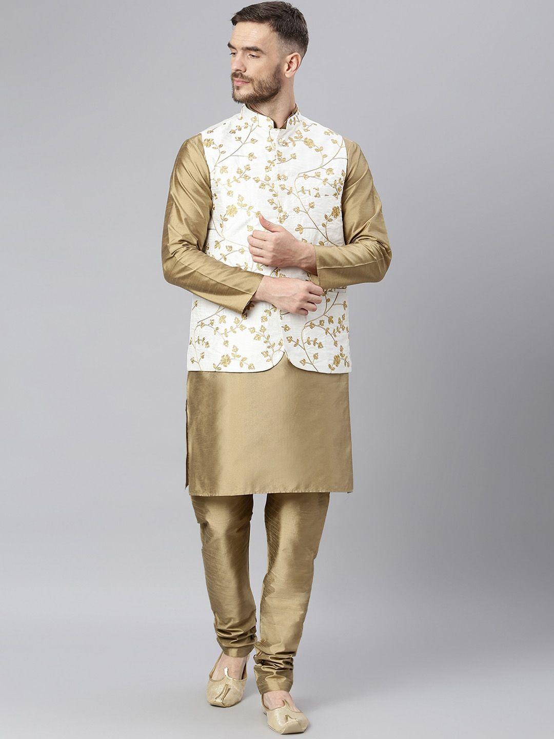hangup men khaki regular dupion silk kurta with churidar & nehru jacket