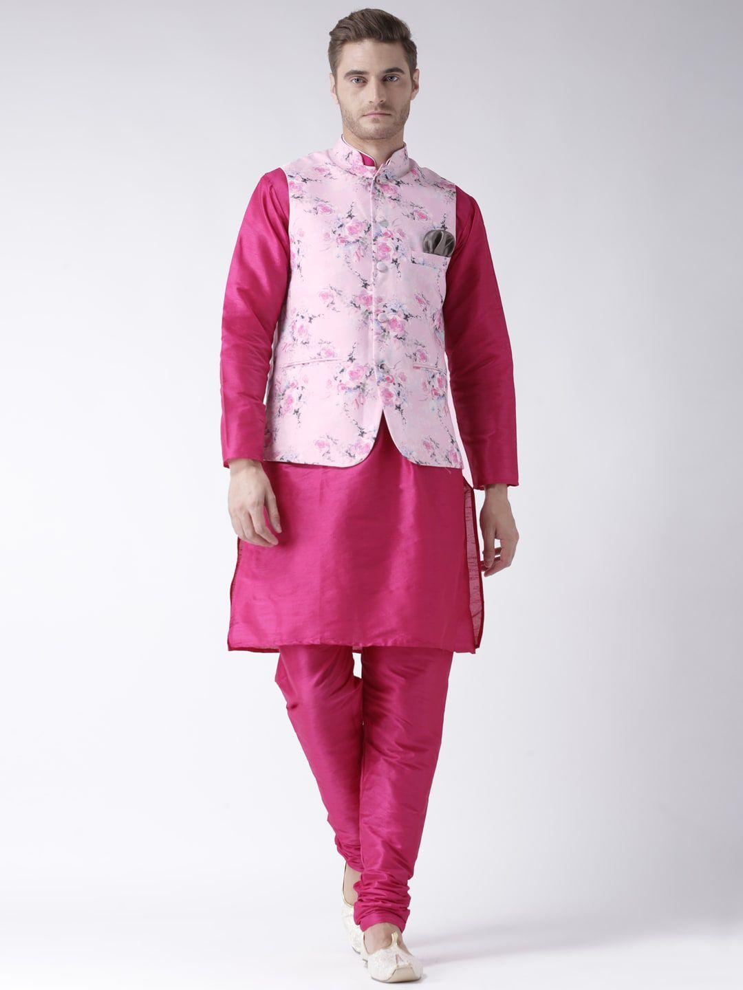 hangup men kurta with churidar and printed nehru jacket set