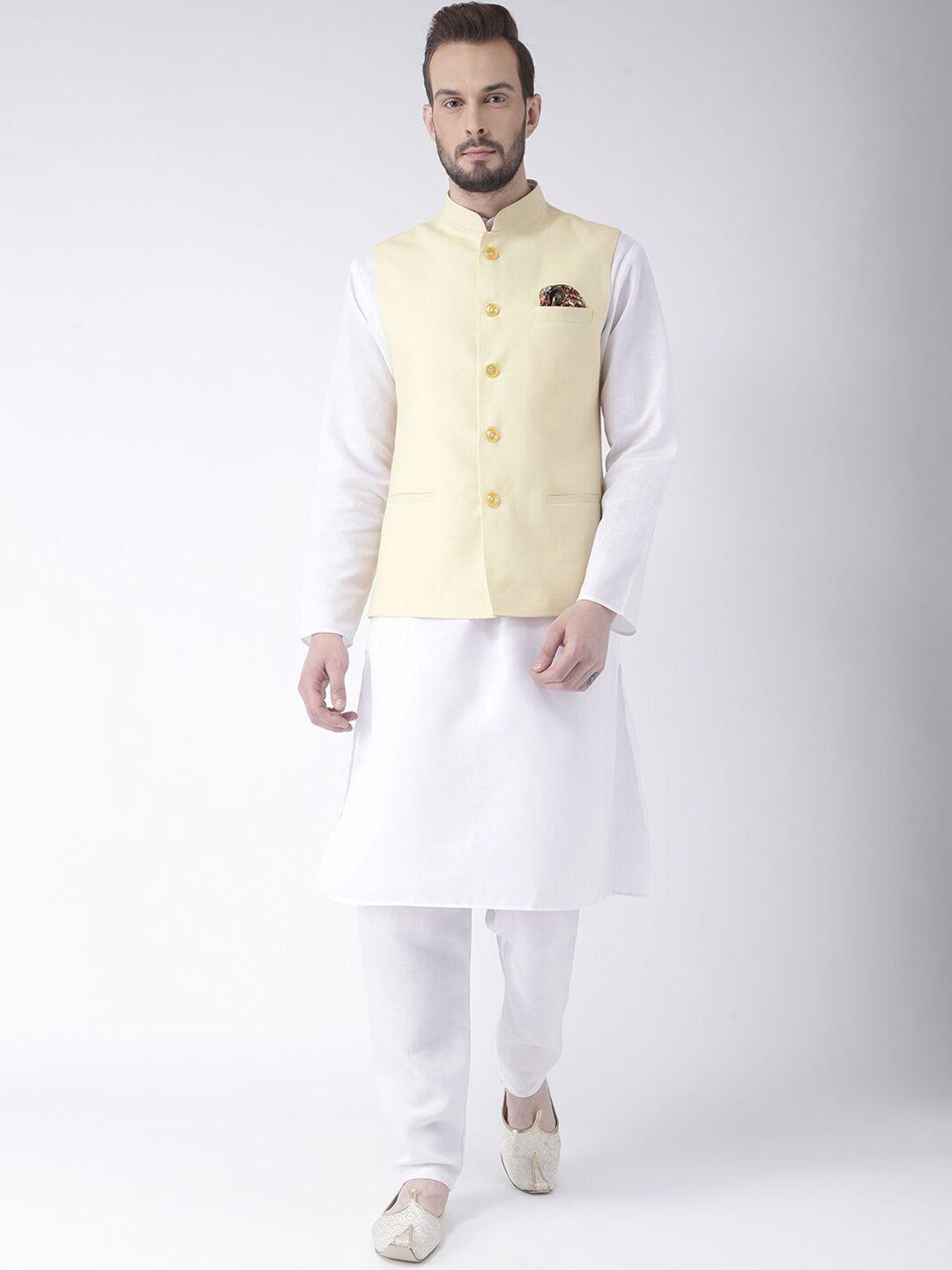 hangup men long sleeves mandarin collar pure cotton kurta with pyjamas and nehru jacket