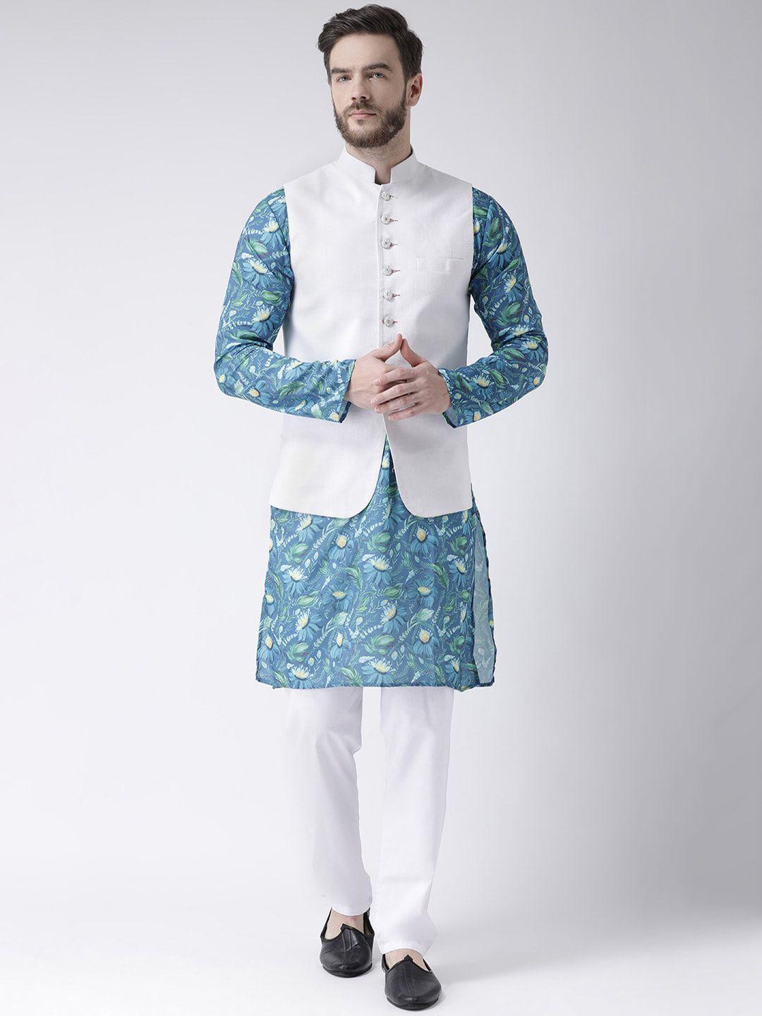 hangup men mandarin collar printed kurta with pyjamas & nehru jacket