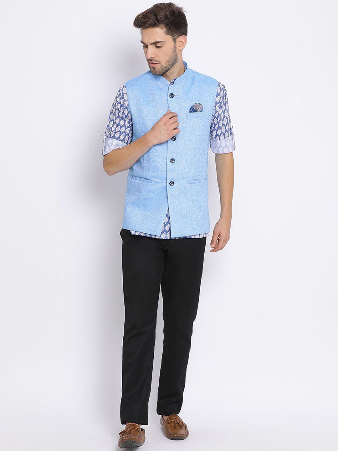 hangup men mandarin collar printed kurta with trouser & nehru jacket