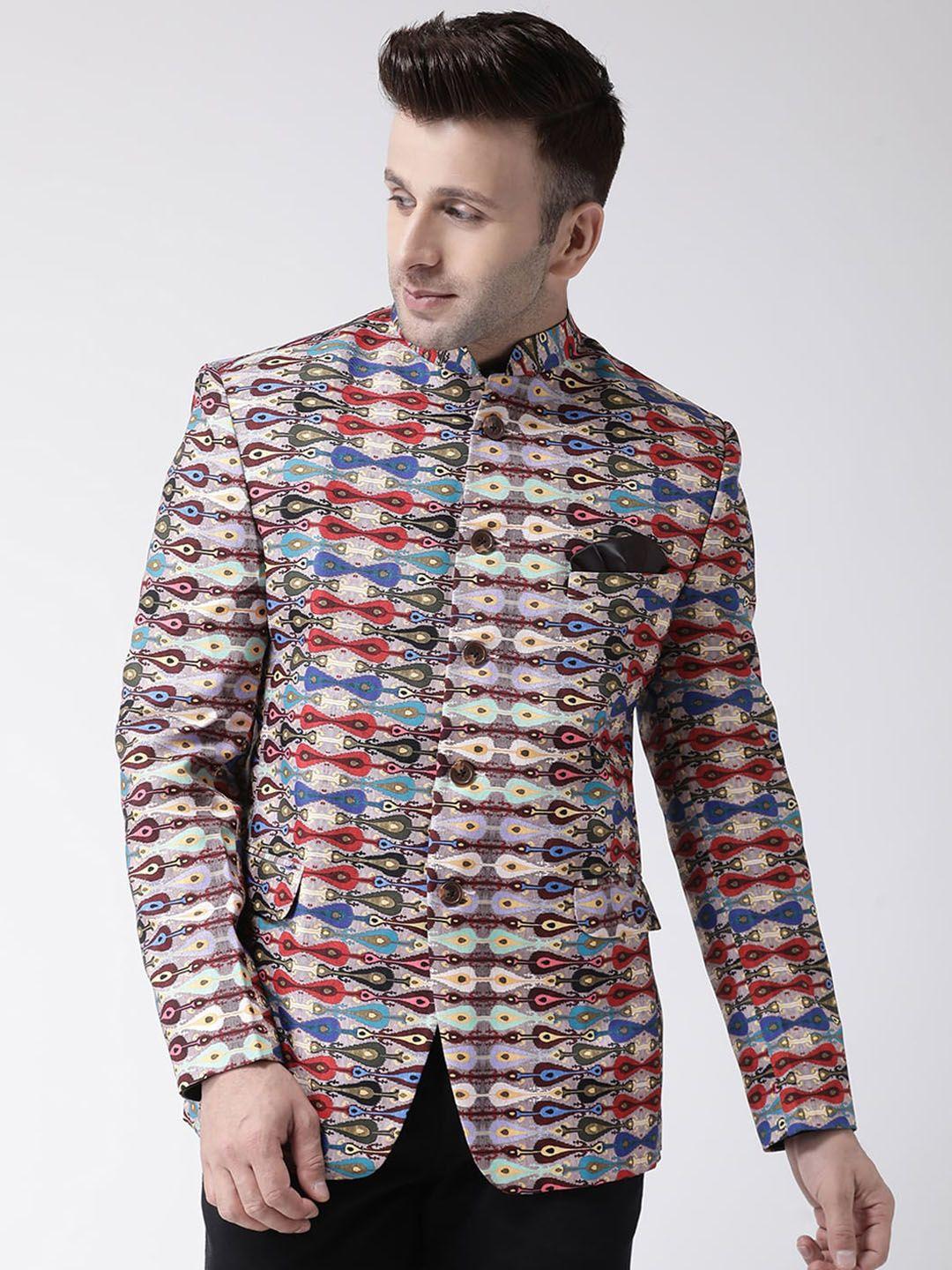 hangup men maroon & blue printed single-breasted blazers