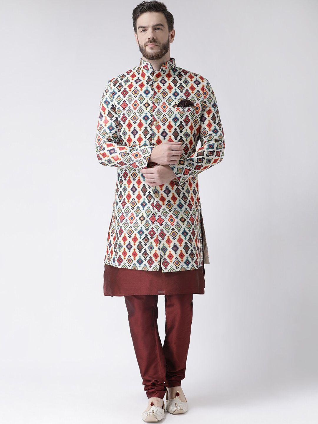 hangup men maroon & off white printed sherwani set