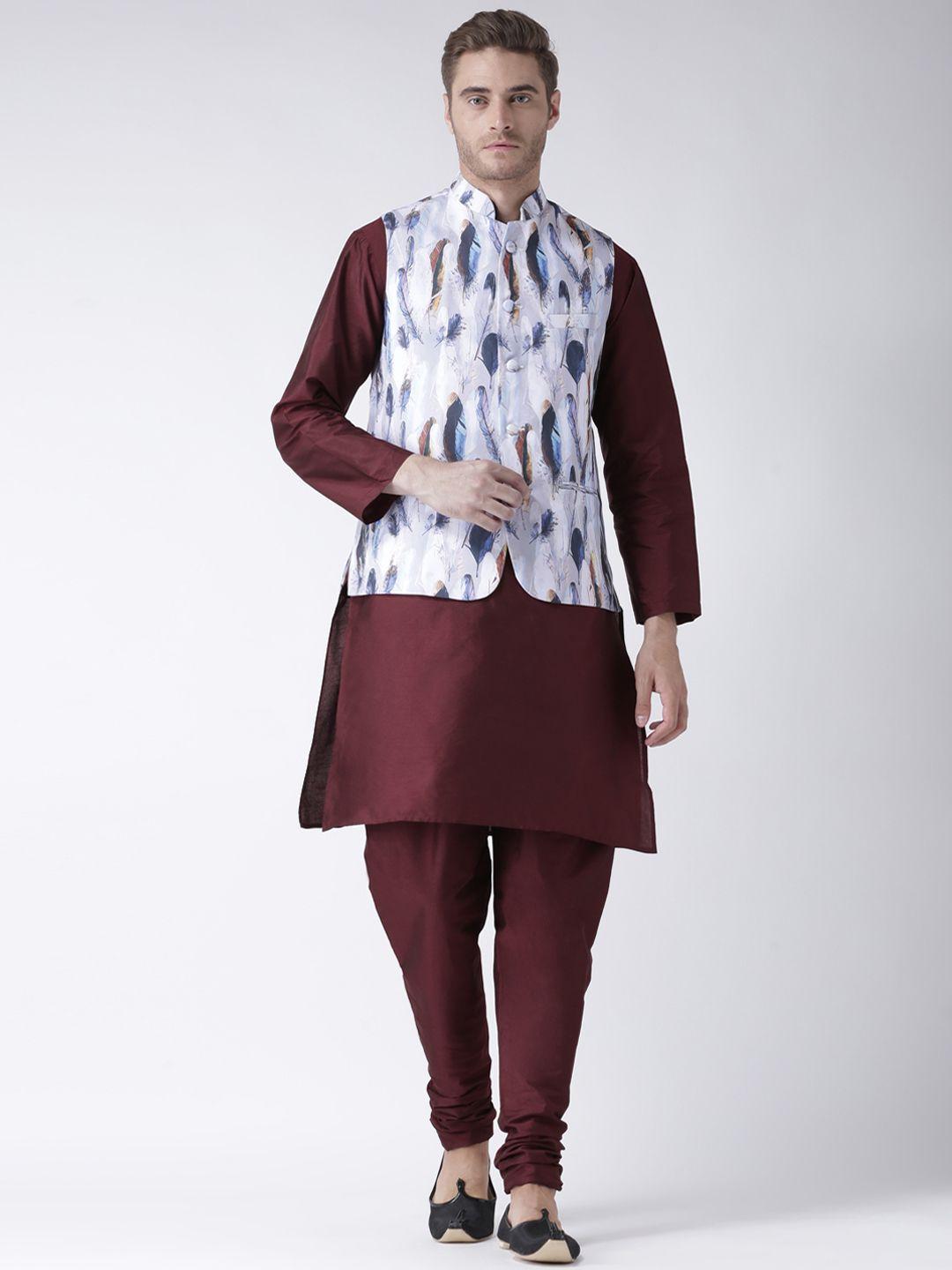 hangup men maroon & off-white solid kurta with pyjamas