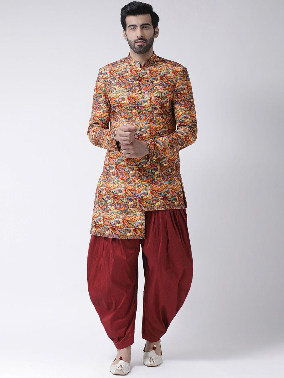 hangup men maroon printed sherwani set