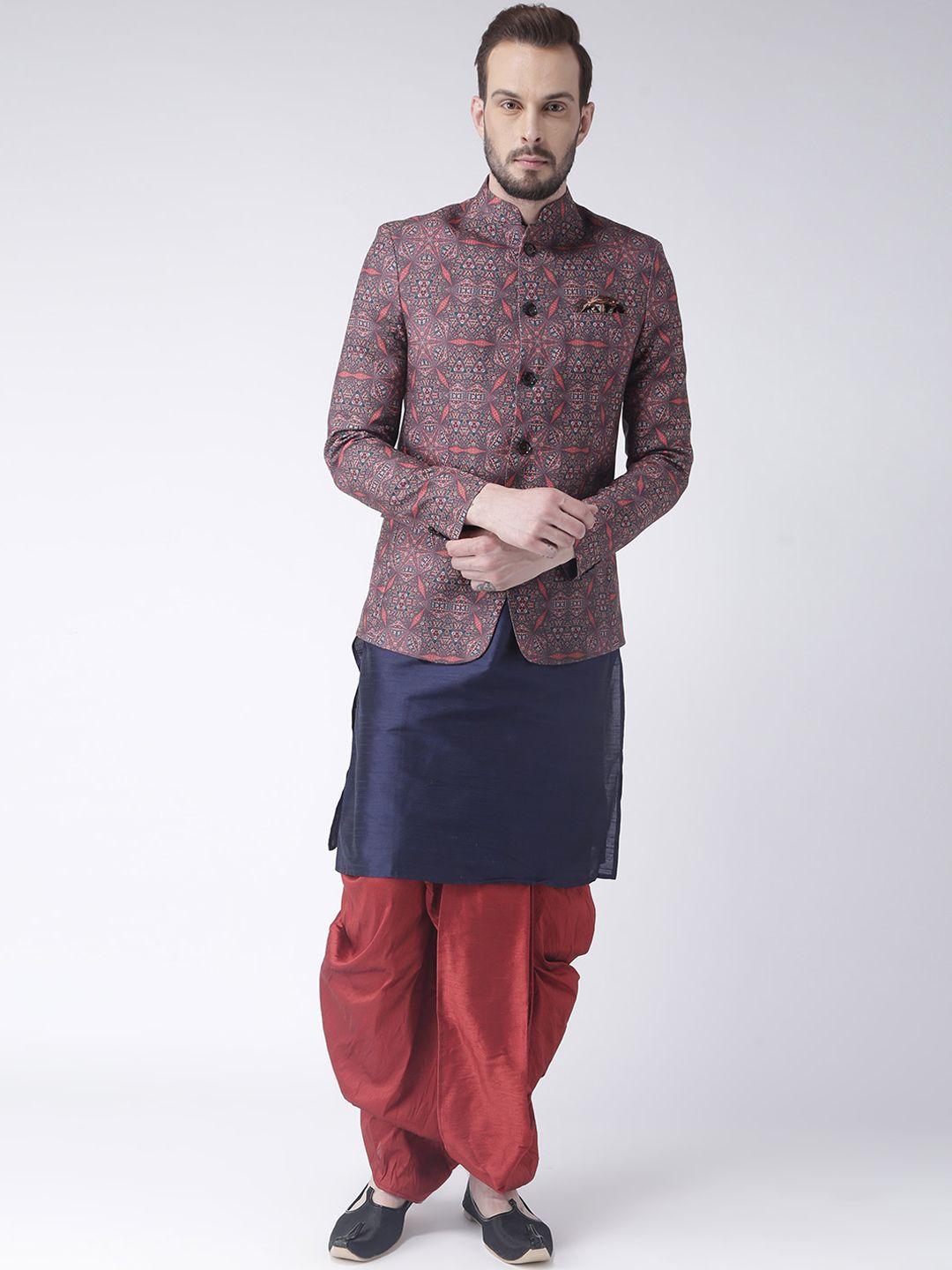 hangup men multicoloured printed blazer with dhoti pants & kurta