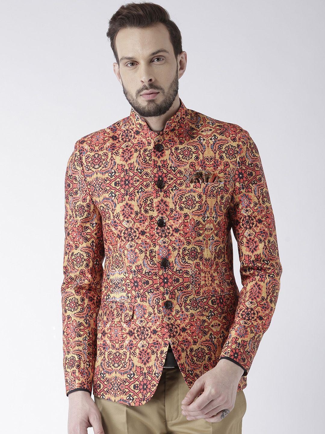 hangup men multicoloured printed single-breasted bandhgala blazer