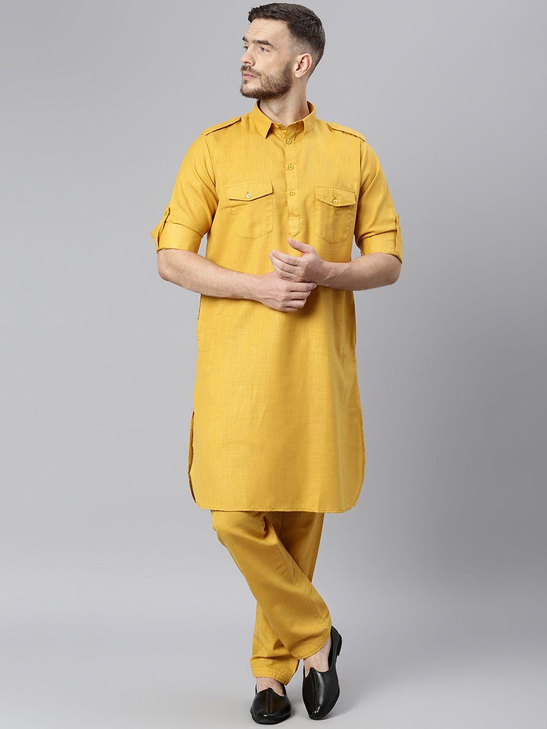 hangup men mustard-coloured solid regular pathani kurta with pyjamas