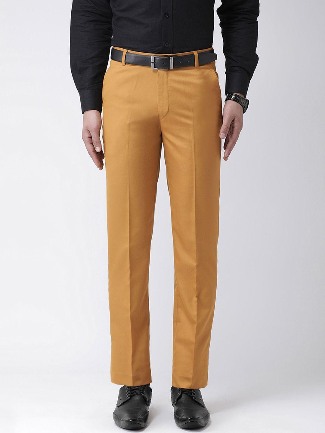 hangup men mustard smart regular fit solid formal trousers
