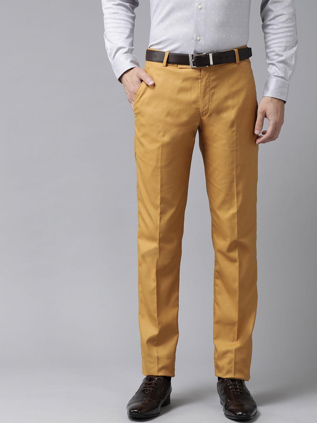 hangup men mustard yellow regular fit solid formal trousers
