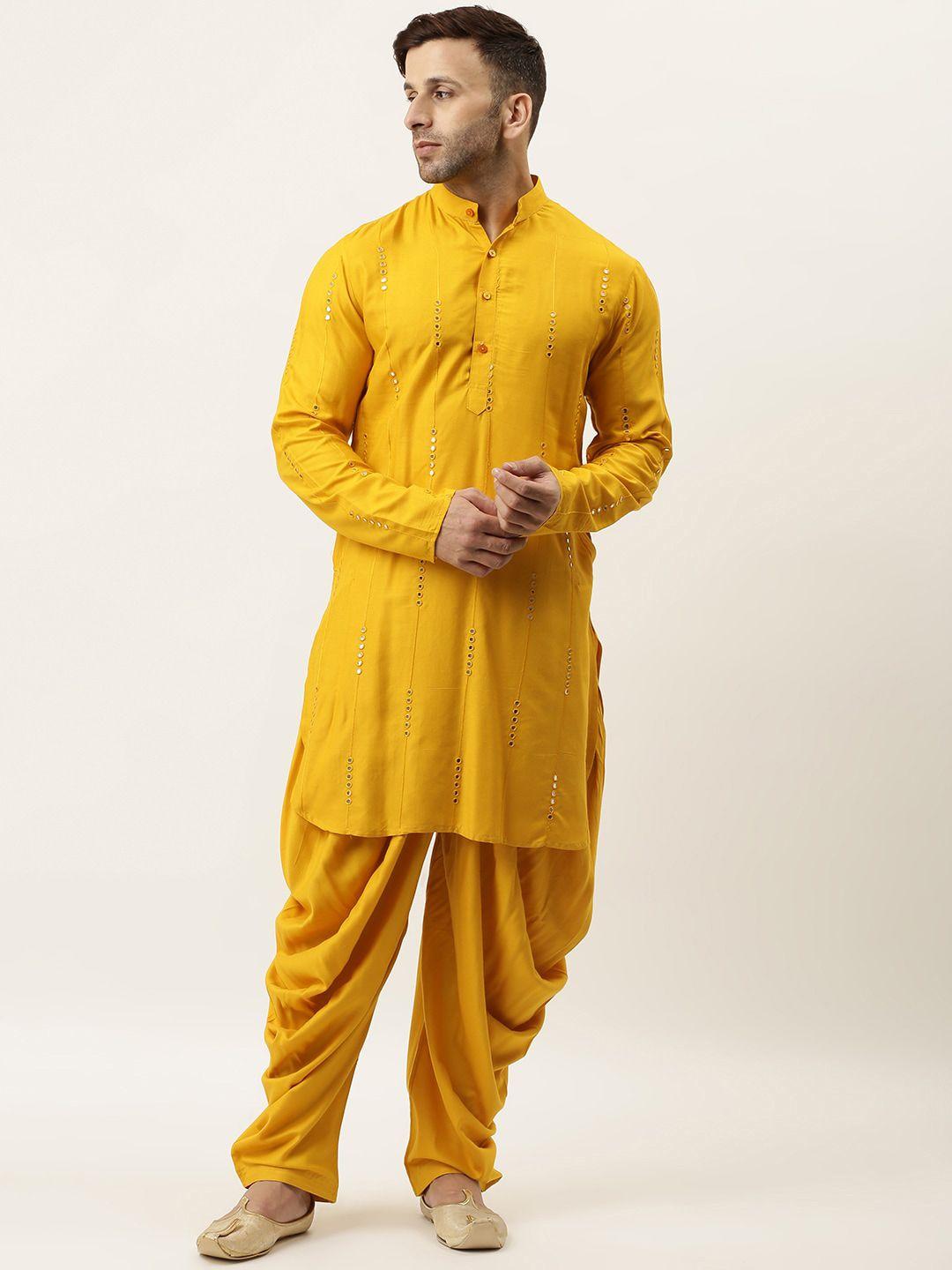 hangup men mustard yellow regular kurta with dhoti pants