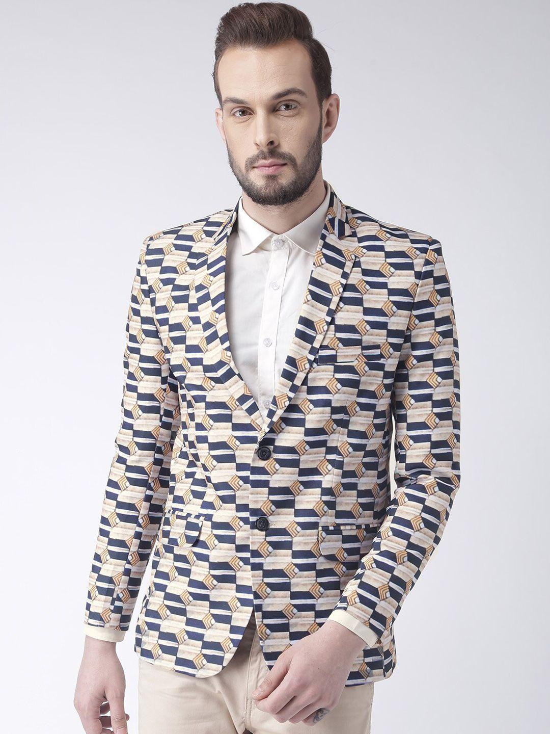 hangup men navy blue & brown geometric printed single breasted blazer