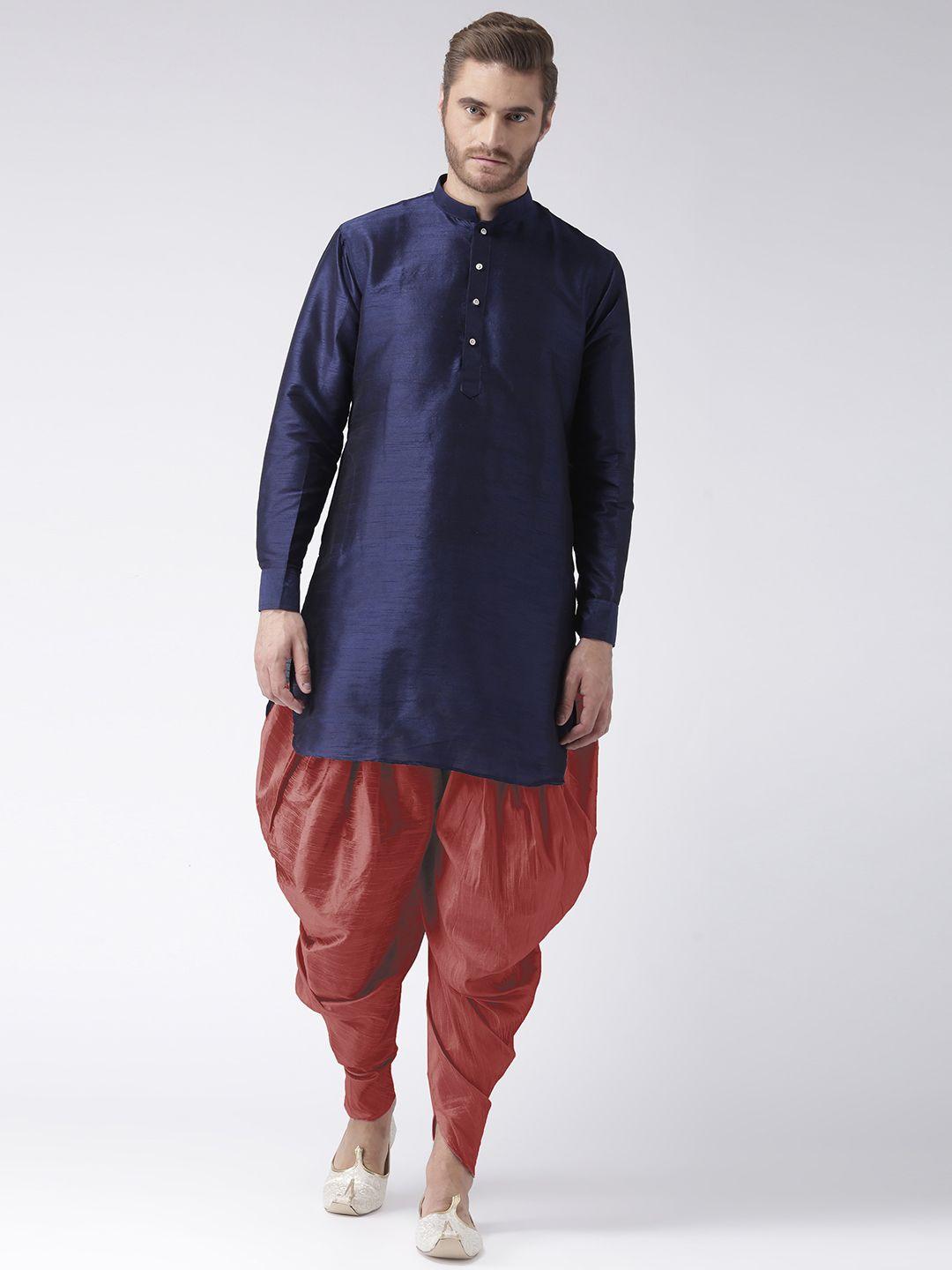 hangup men navy blue & maroon solid kurta with dhoti pants