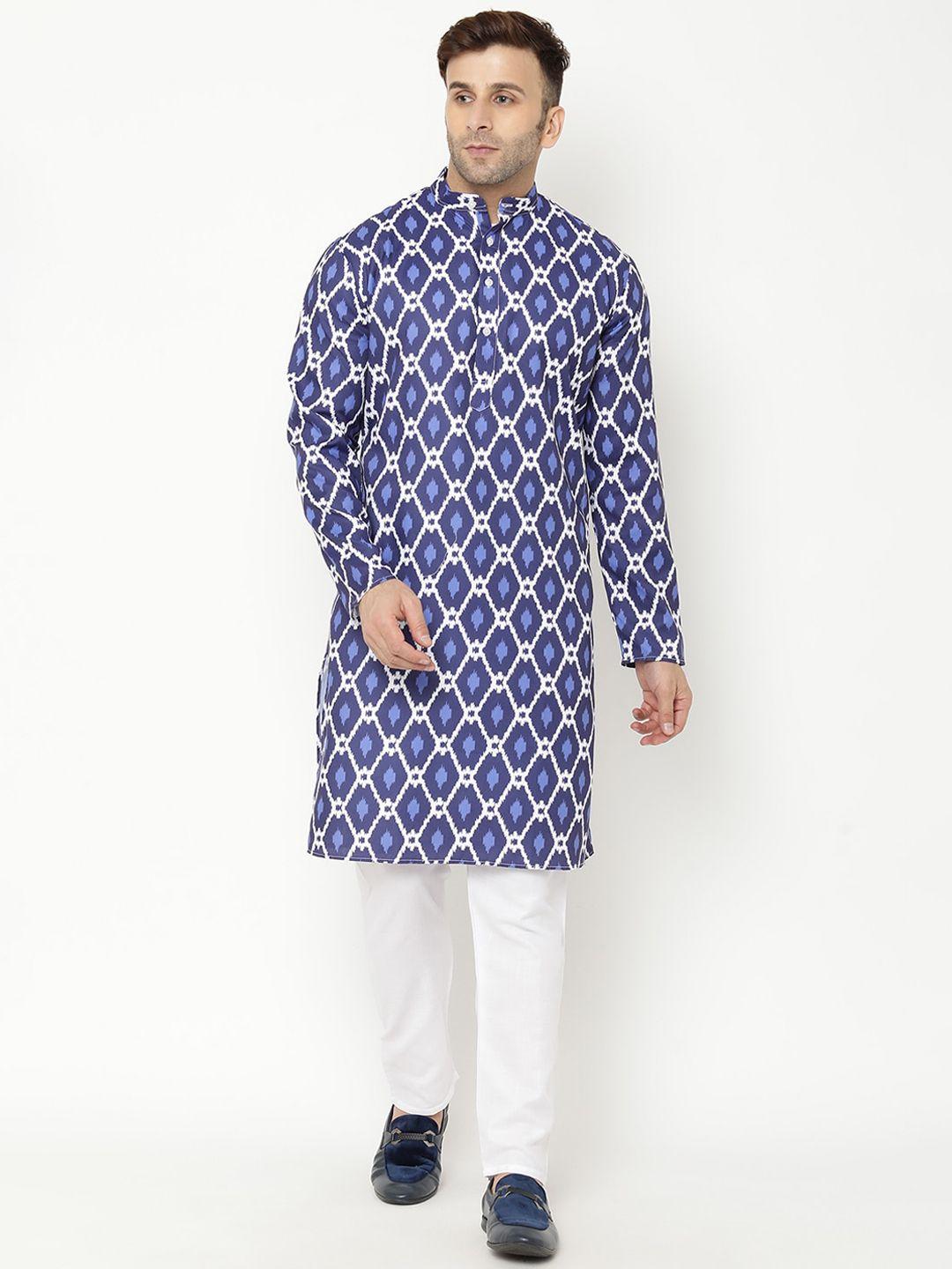 hangup men navy blue & white printed kurta with churidar