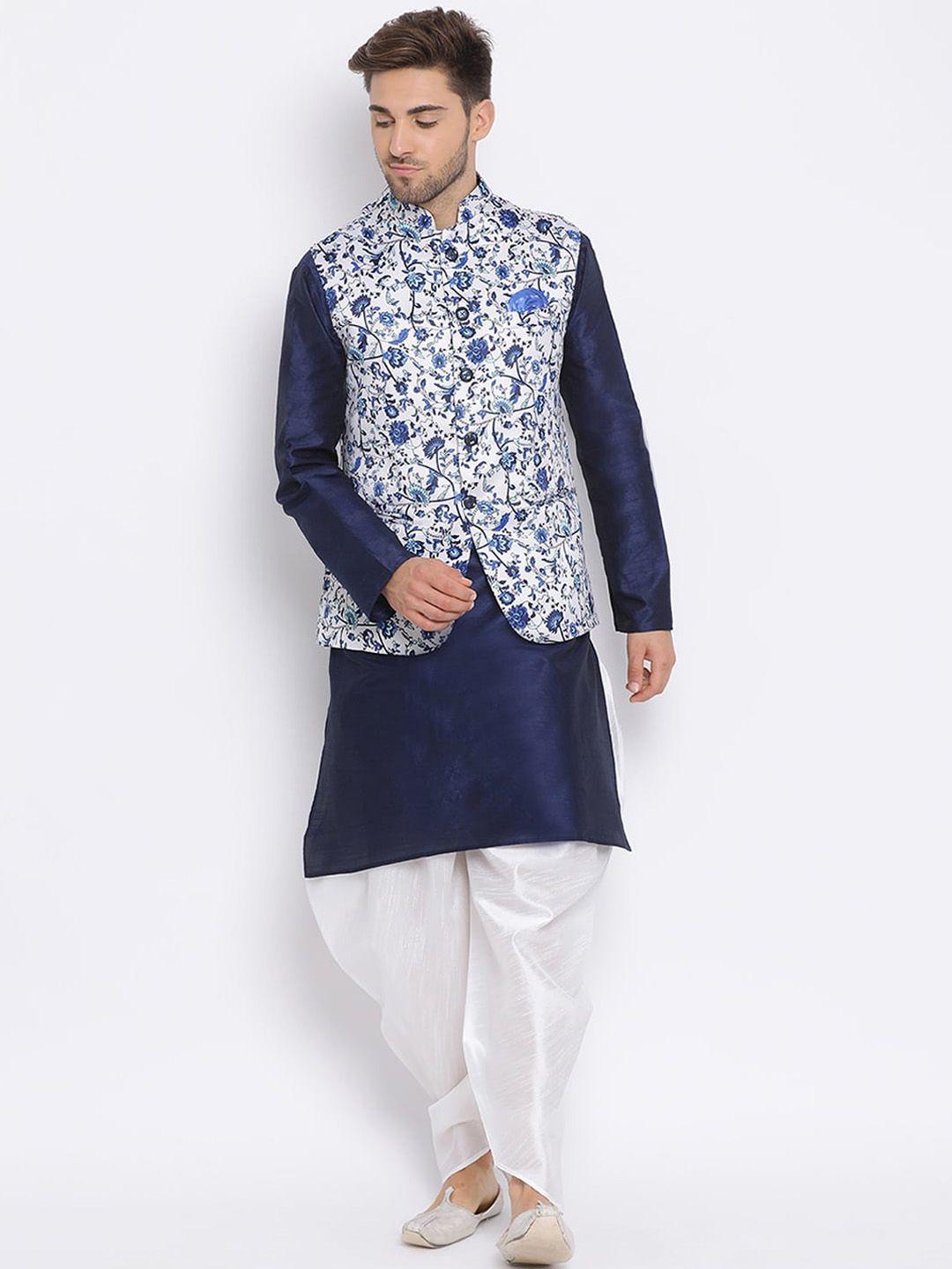 hangup men navy blue & white solid kurta with dhoti pants