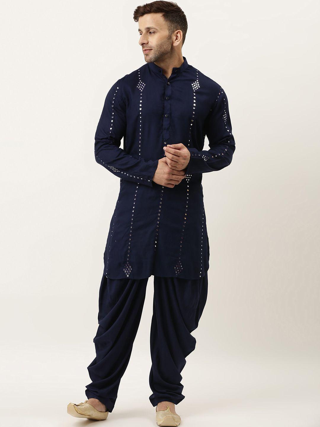 hangup men navy blue embroidered regular mirror work kurta with dhoti pants