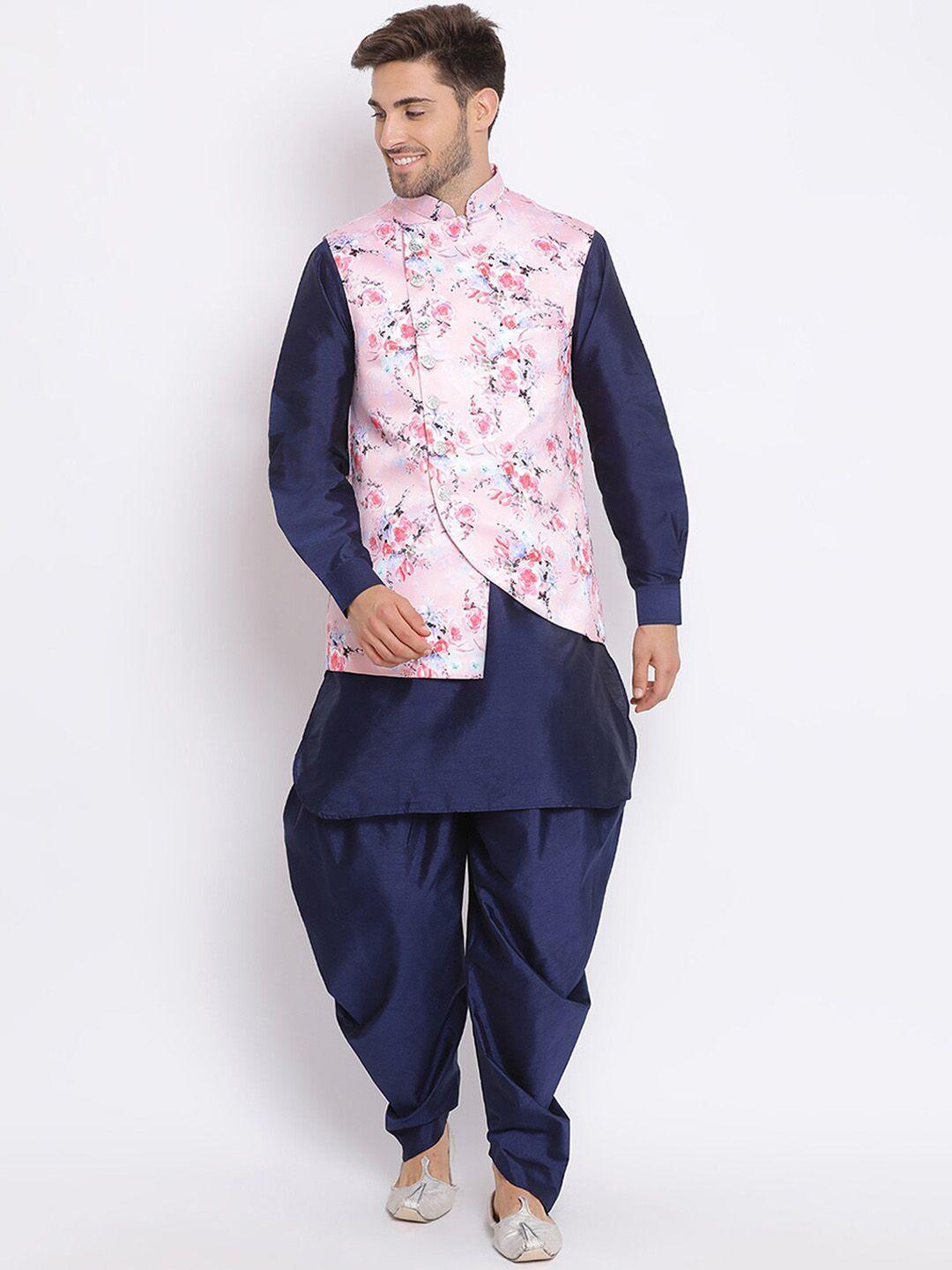 hangup men navy blue kurta with pyjamas & nehru jacket set