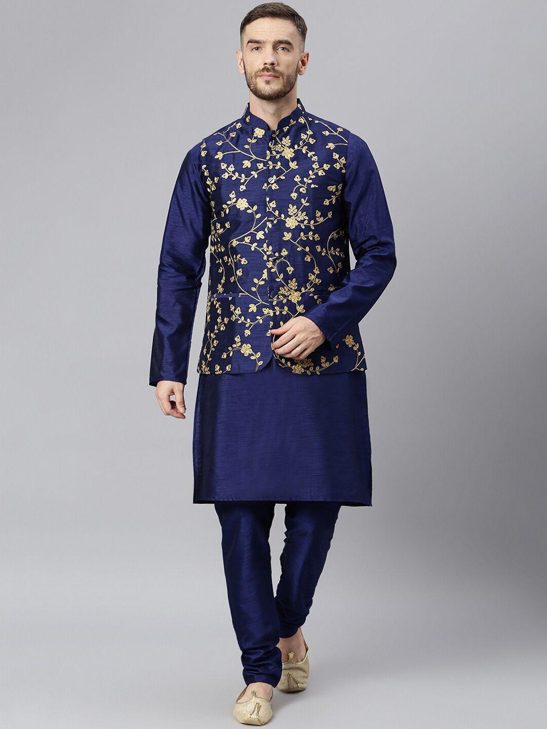 hangup men navy blue regular dupion silk kurta with churidar & with nehru jacket