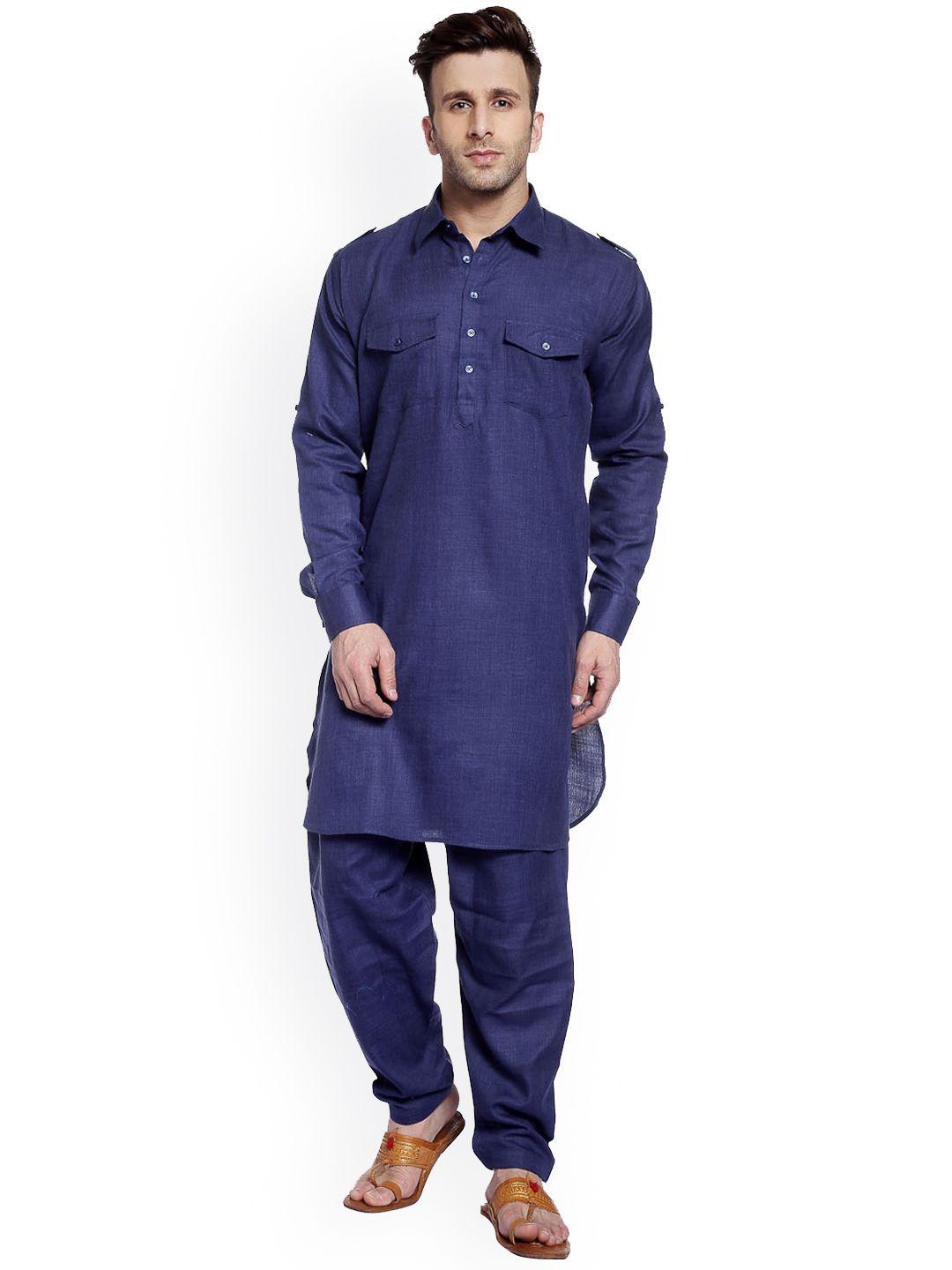 hangup men navy blue solid kurta with trousers