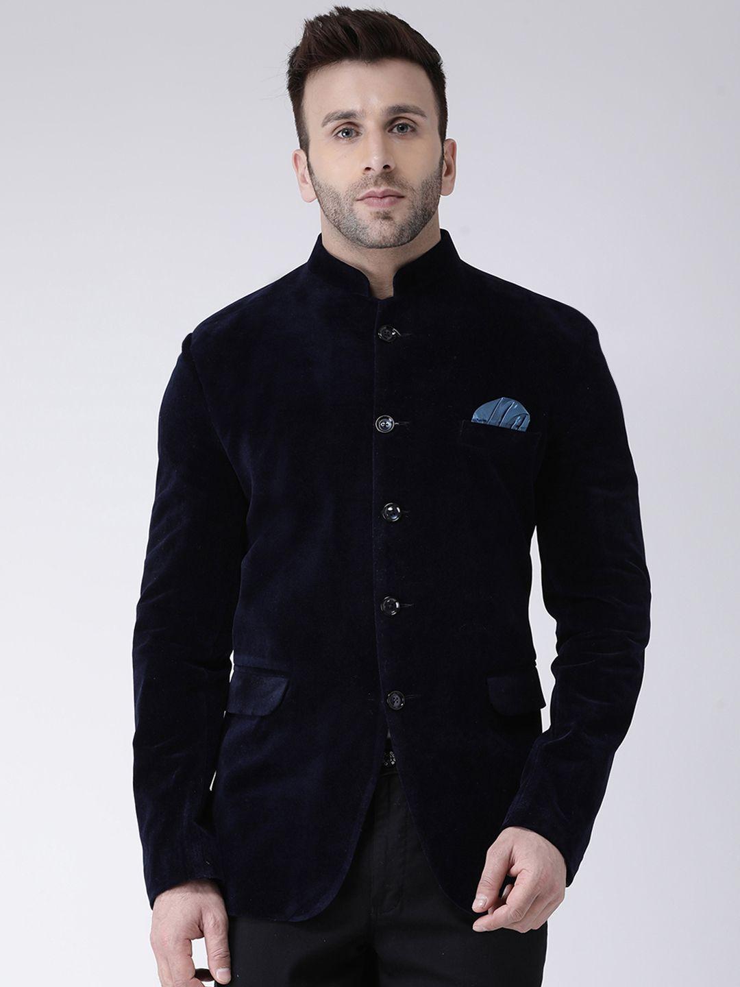 hangup men navy blue solid velvet bandhgala blazer